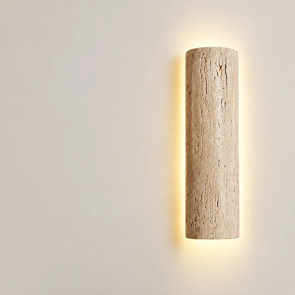 Natural Travertine Bar Wall Sconce with Integrated LED | Stone Light for Hallways