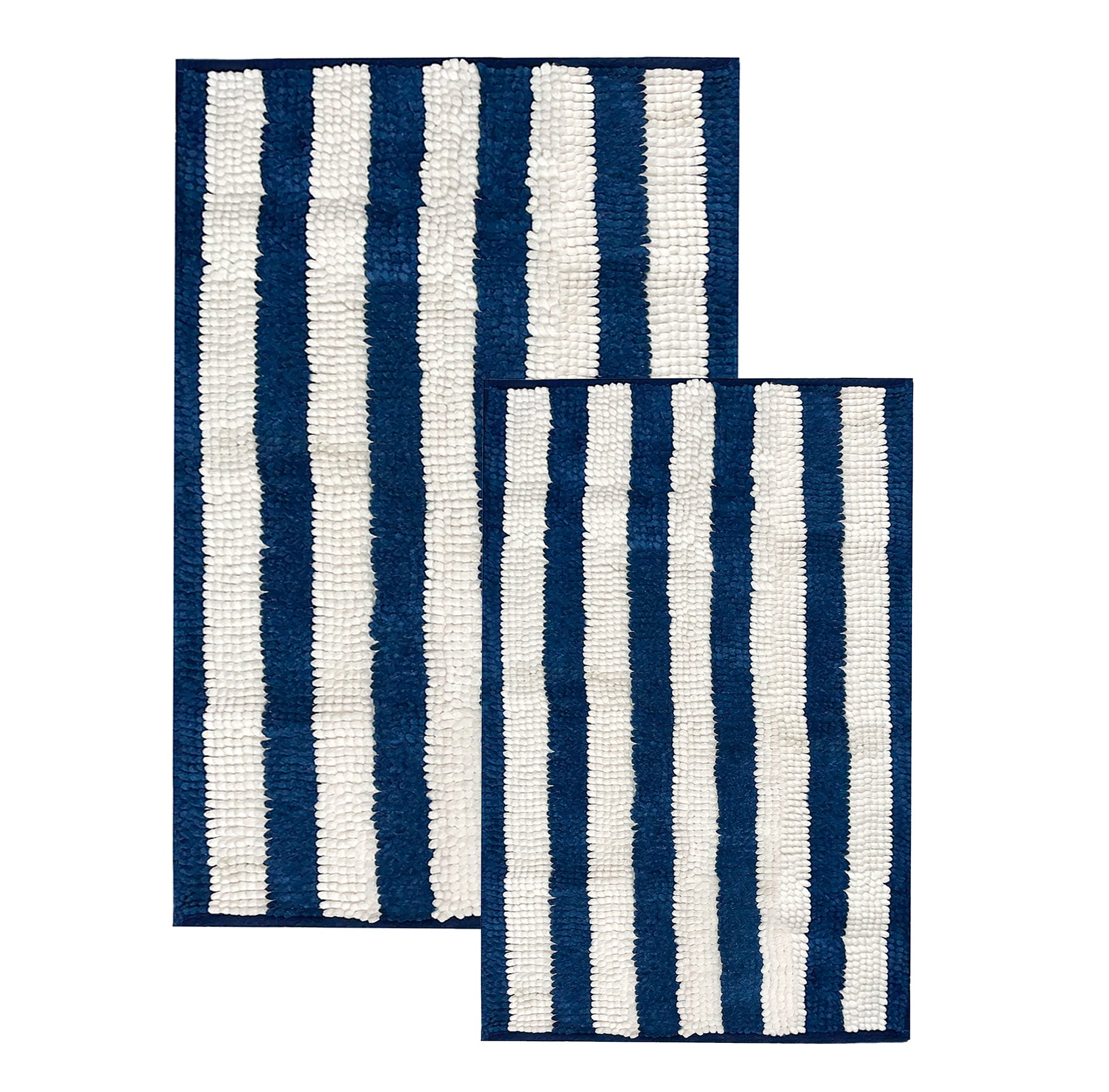 Large 2 Piece Set Blue White Stripe Soft Cozy Plush Chenille Bath Mat Bathroom Rug