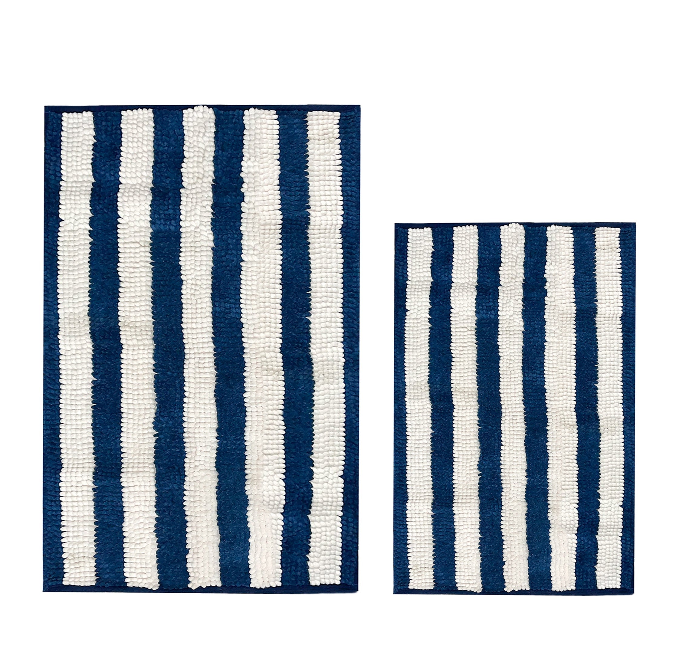 Large 2 Piece Set Blue White Stripe Soft Cozy Plush Chenille Bath Mat Bathroom Rug