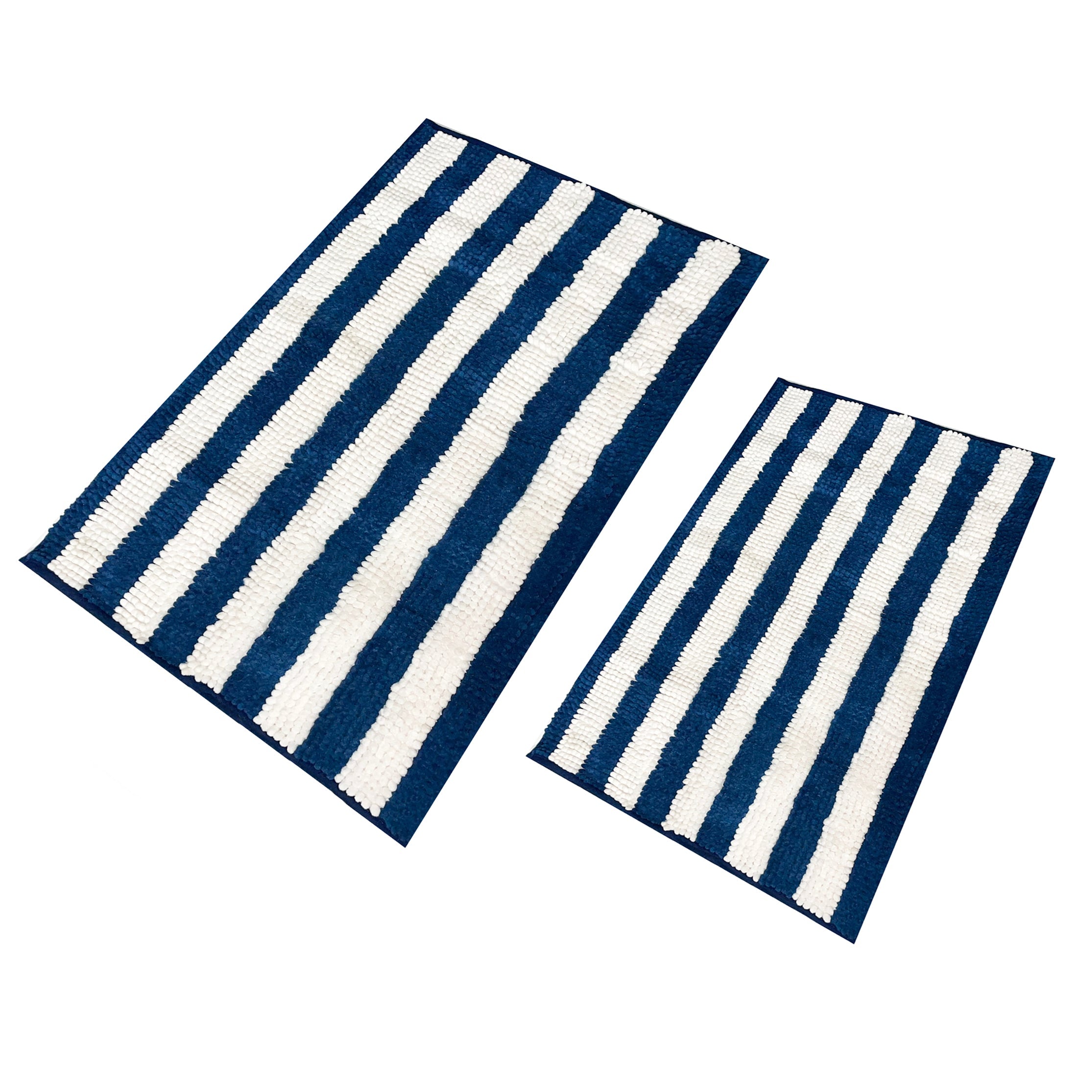 Large 2 Piece Set Blue White Stripe Soft Cozy Plush Chenille Bath Mat Bathroom Rug