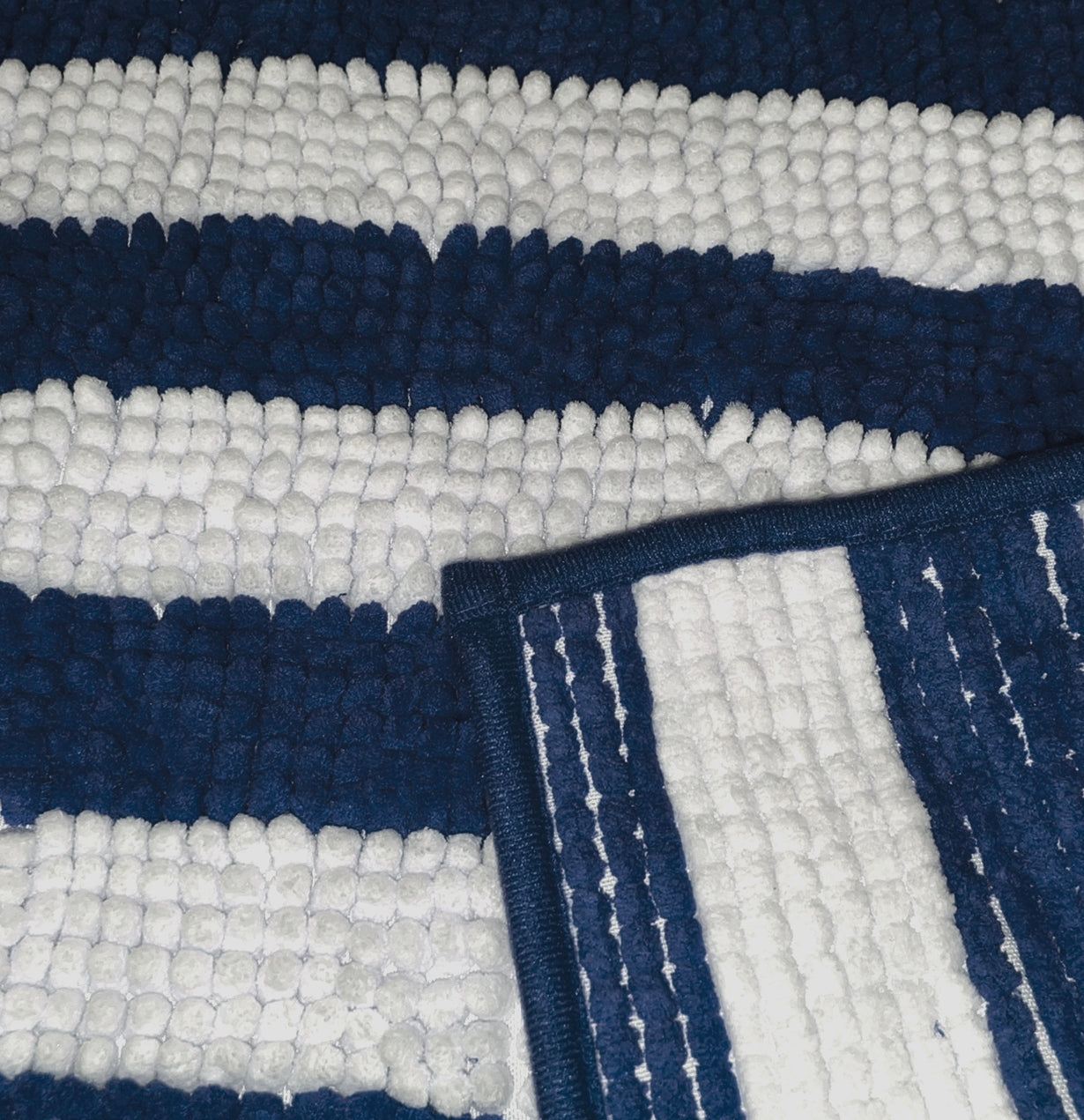 Large 2 Piece Set Blue White Stripe Soft Cozy Plush Chenille Bath Mat Bathroom Rug