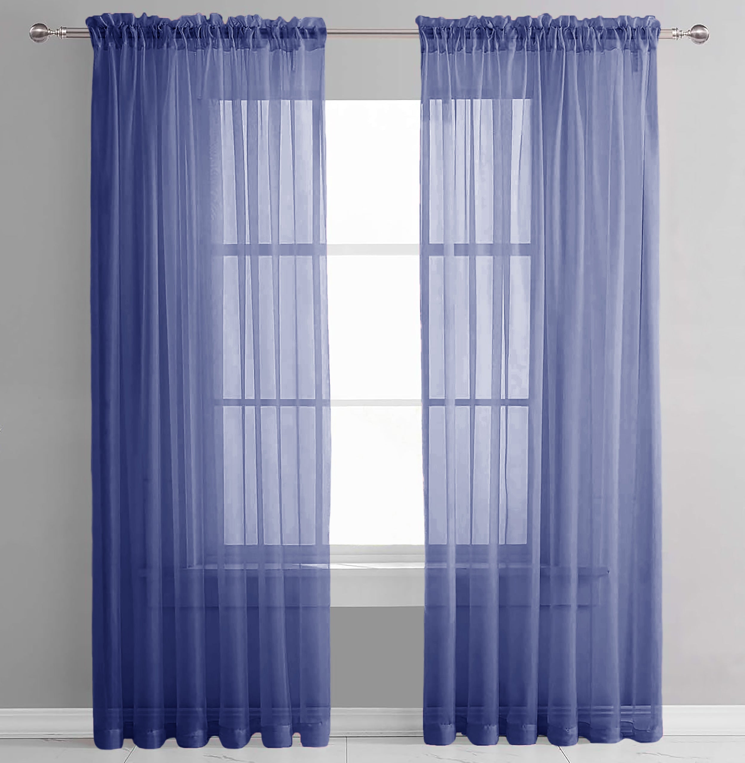 84" Inches Long - Navy Blue Sheer Window Rod Pocket Curtain Set (2 Panels)