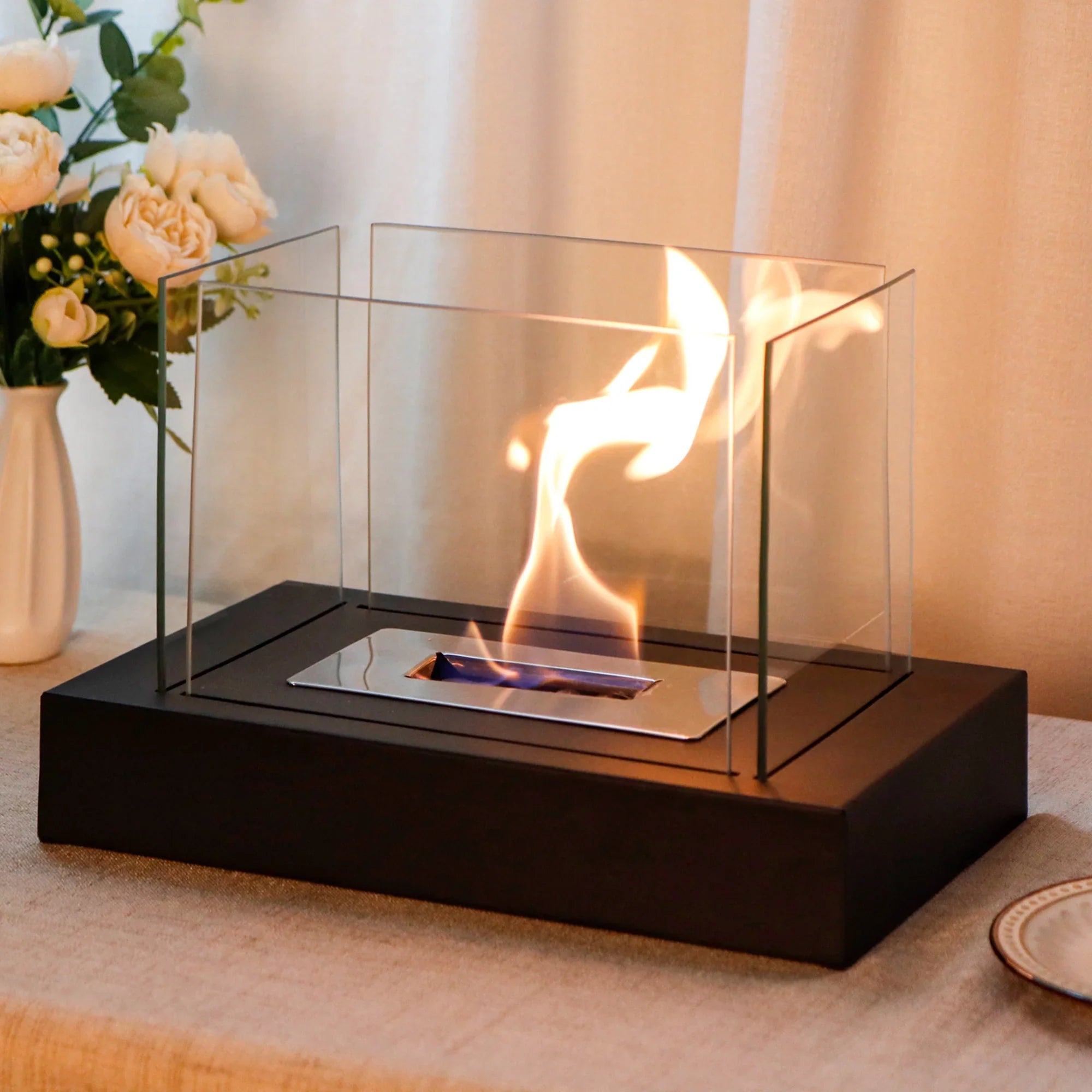 360° View Rectangular Tabletop Fire Bowl With Four-Sided Glass-1