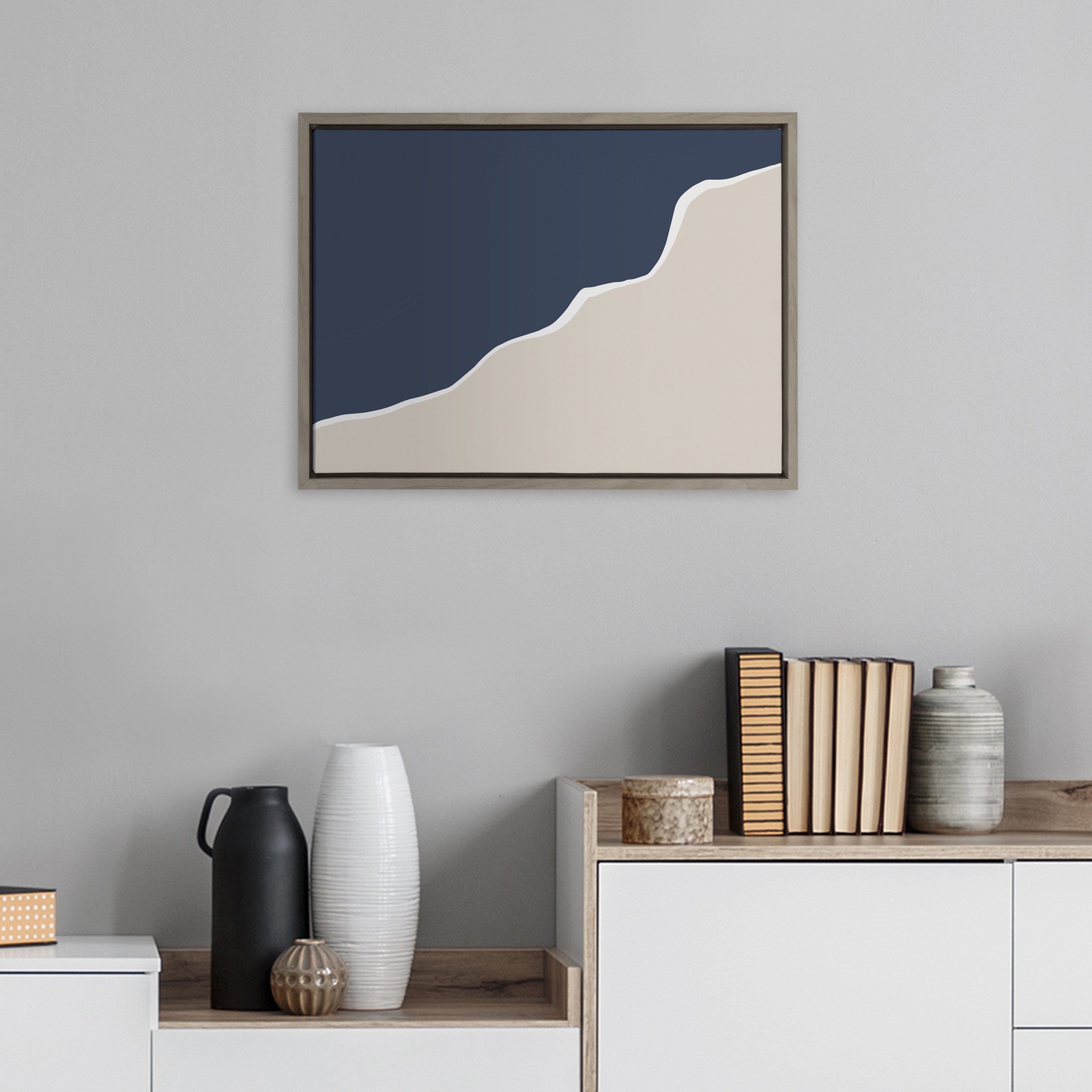 Sylvie Ocean and Beach Abstract Landscape Framed Canvas by The Creative Bunch Studio