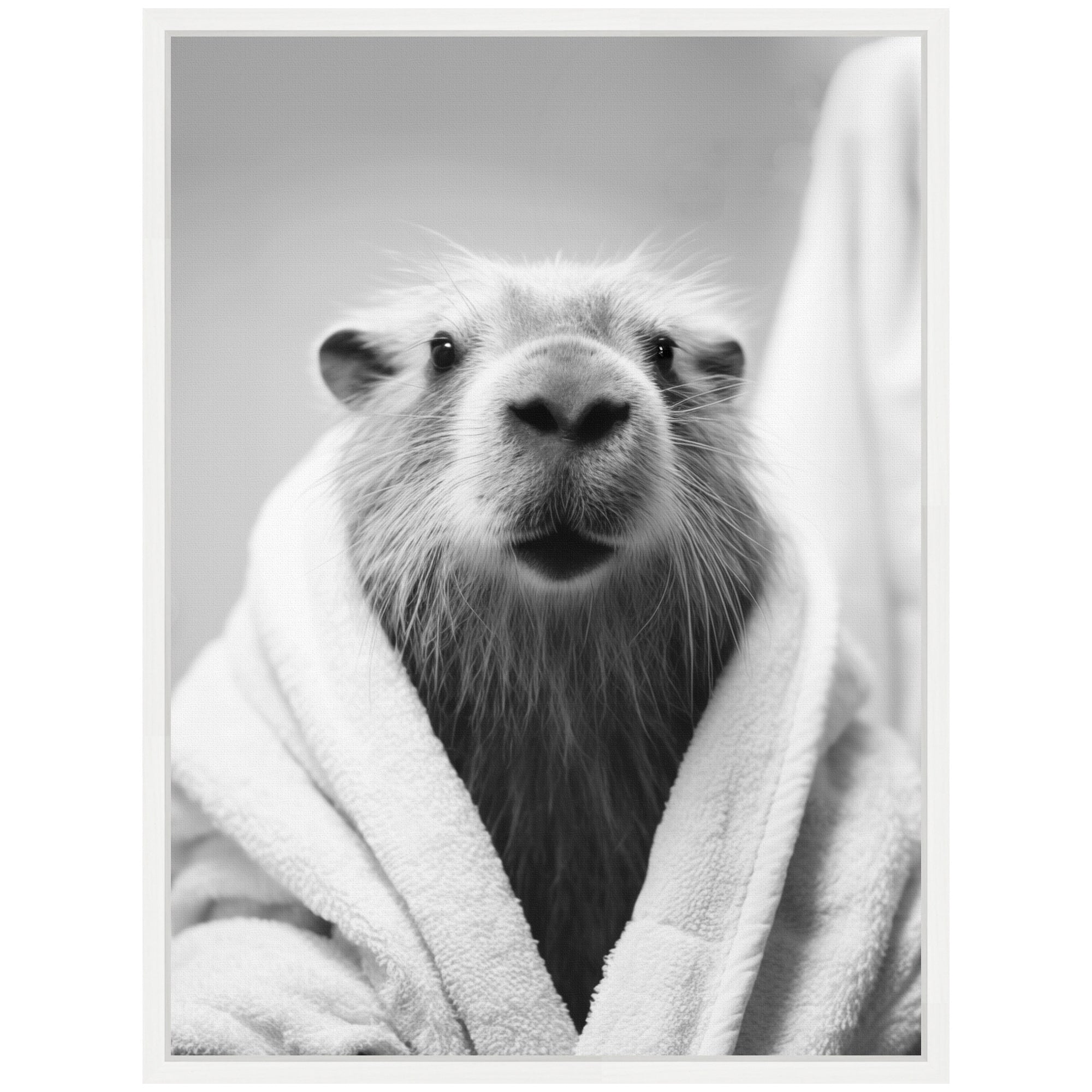 Sylvie Capybara Bathroom Art Towel Robe Black and White Framed Canvas by The Creative Bunch Studio