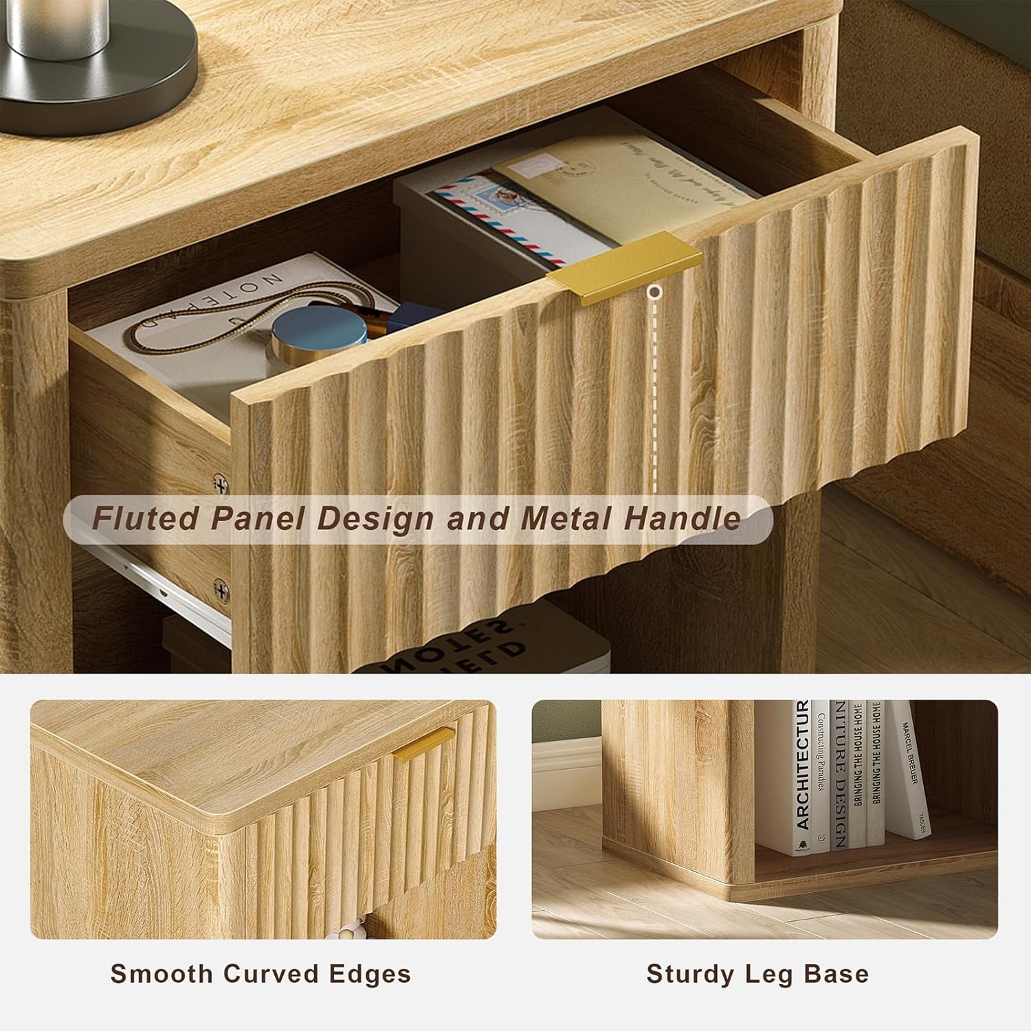 Fluted LED Nightstand with Charging Station, Drawer Side Tables, Oak -YANOSAKU