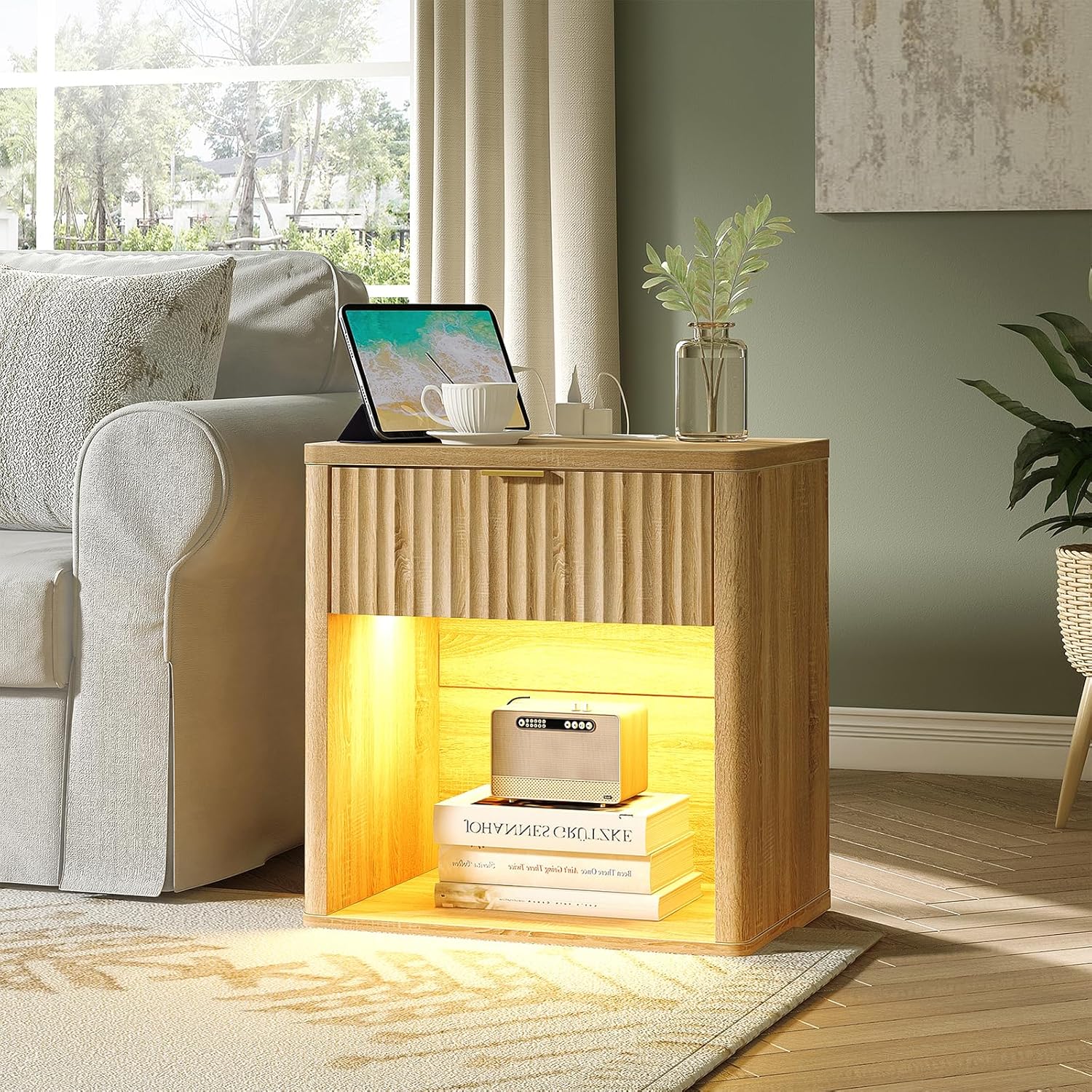 Fluted LED Nightstand with Charging Station, Drawer Side Tables, Oak -YANOSAKU