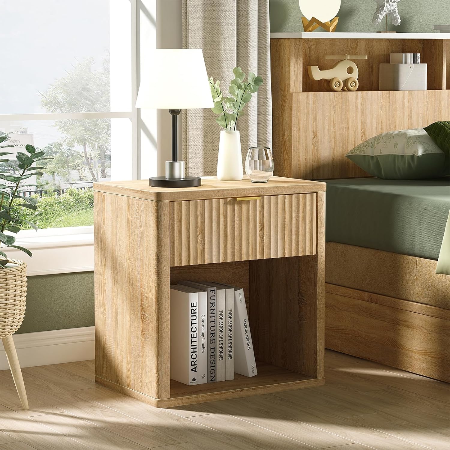 Fluted LED Nightstand with Charging Station, Drawer Side Tables, Oak -YANOSAKU