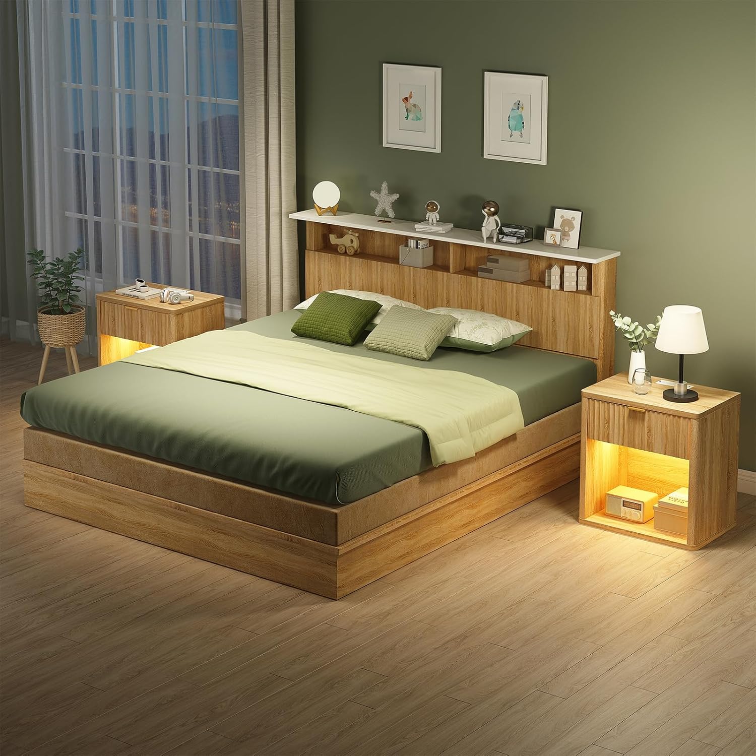 Fluted LED Nightstand with Charging Station, Drawer Side Tables, Oak -YANOSAKU