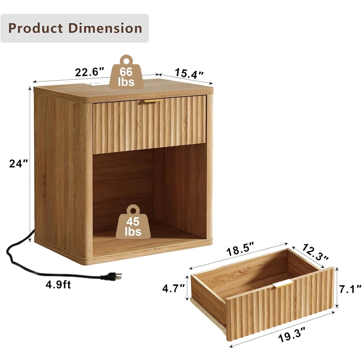 Vektaya US-NS001-NR Fluted Nightstands with LED & Charging Station, Drawer Side Tables, Oak