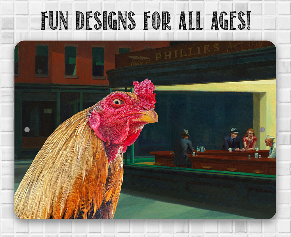 Nighthawks Painting - Interrupted by Rooster - Metal Sign
