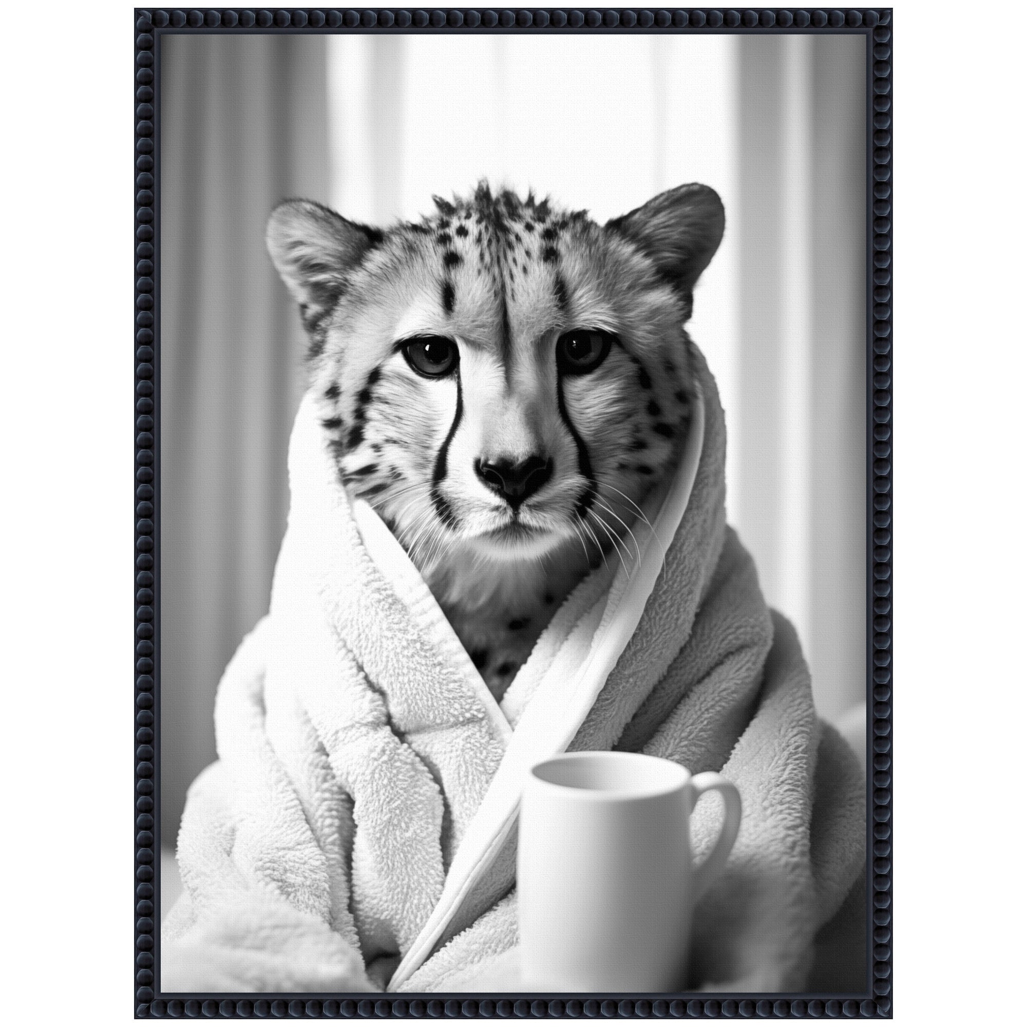 Sylvie Cheetah Bathroom Art Towel Robe Black and White Framed Canvas by The Creative Bunch Studio