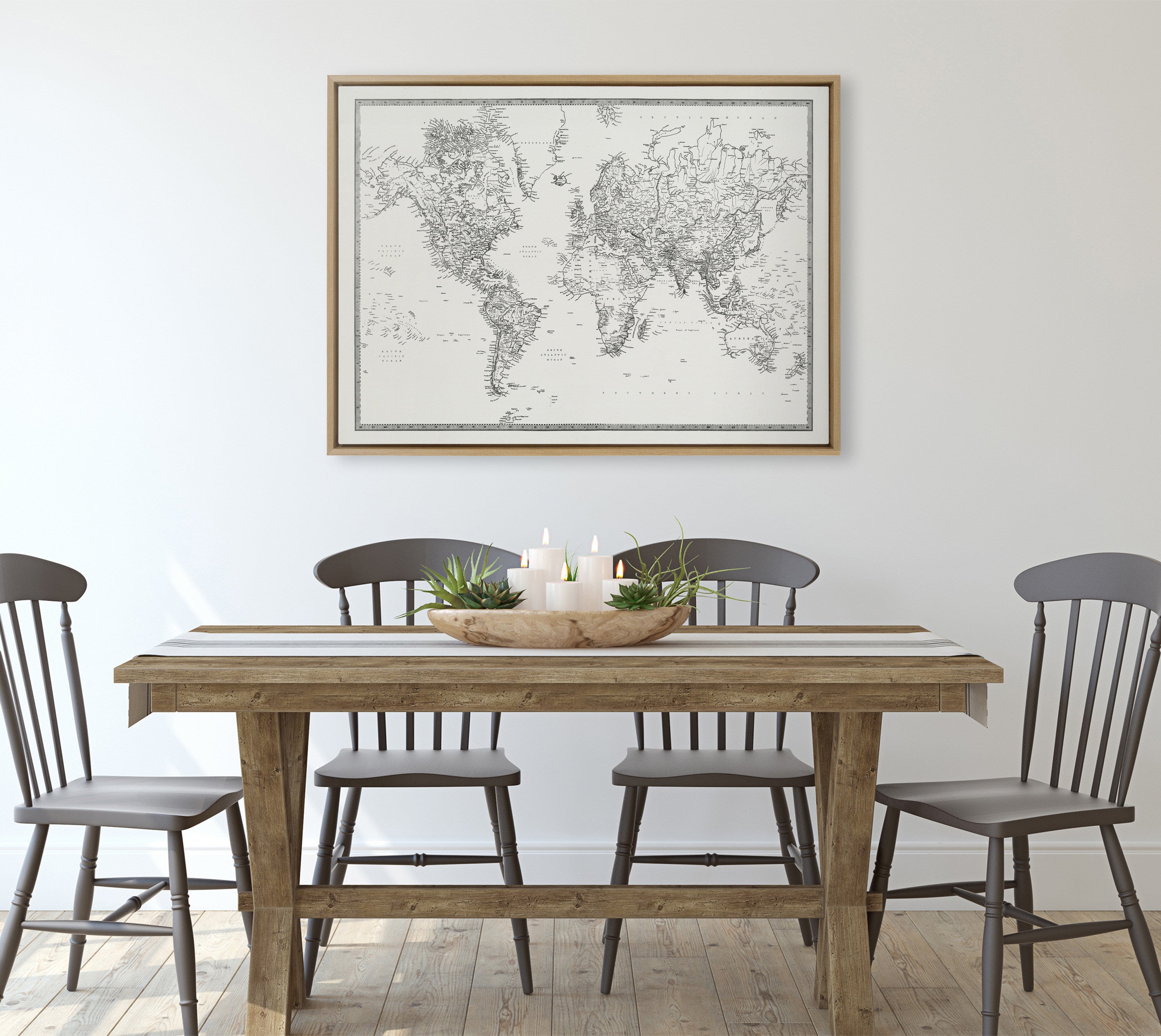 Sylvie Vintage Black and White World Map Framed Canvas by The Creative Bunch Studio