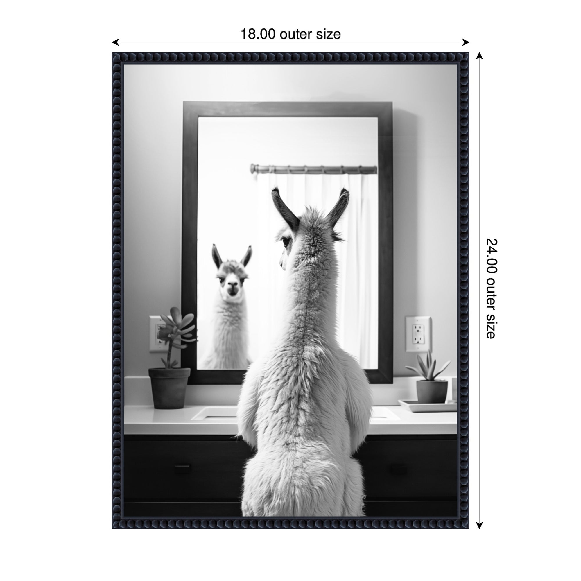 Sylvie Llama Bathroom Art Mirror Black and White Framed Canvas by The Creative Bunch Studio
