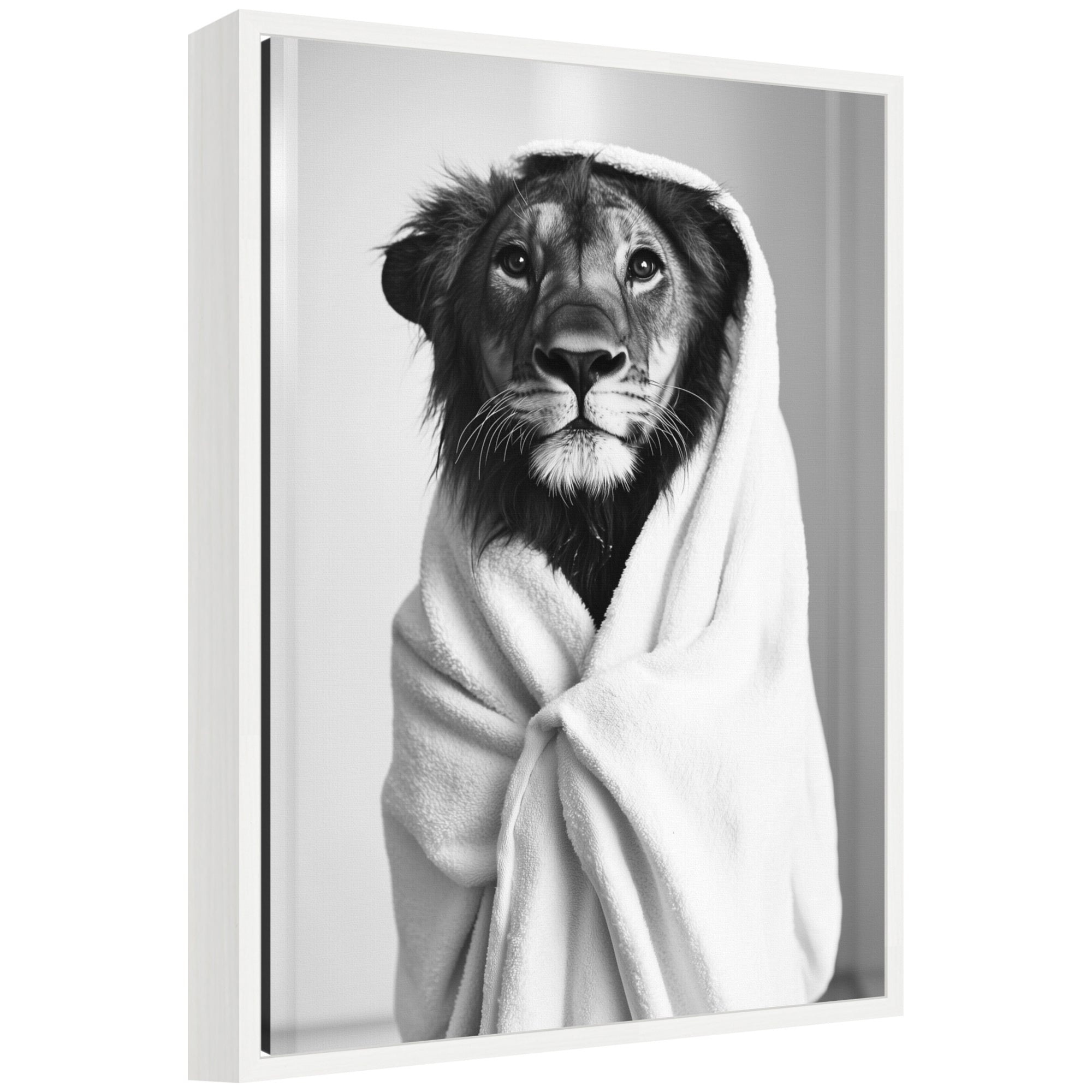 Sylvie Lioness Bathroom Art Towel Robe Black and White Framed Canvas by The Creative Bunch Studio