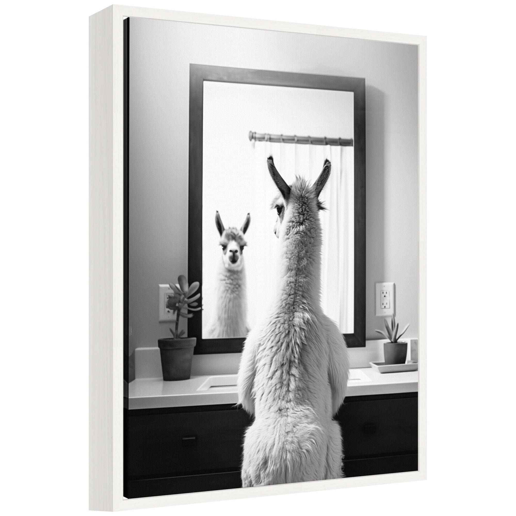 Sylvie Llama Bathroom Art Mirror Black and White Framed Canvas by The Creative Bunch Studio