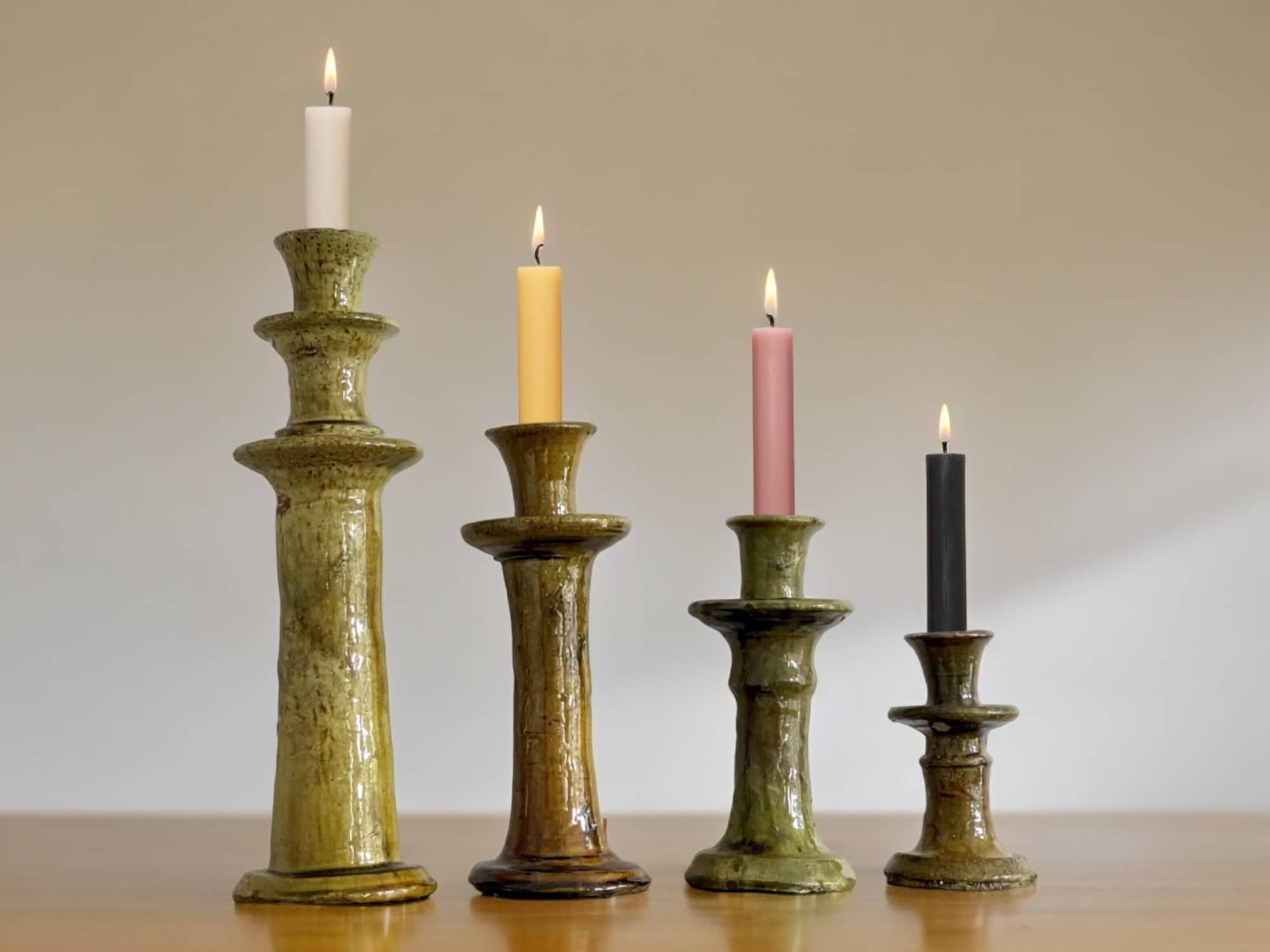 Handmade Moroccan Vintage Tamegroute Ochre Candlestick Holders: Set of 3 Ceramic Glazed Pottery-1