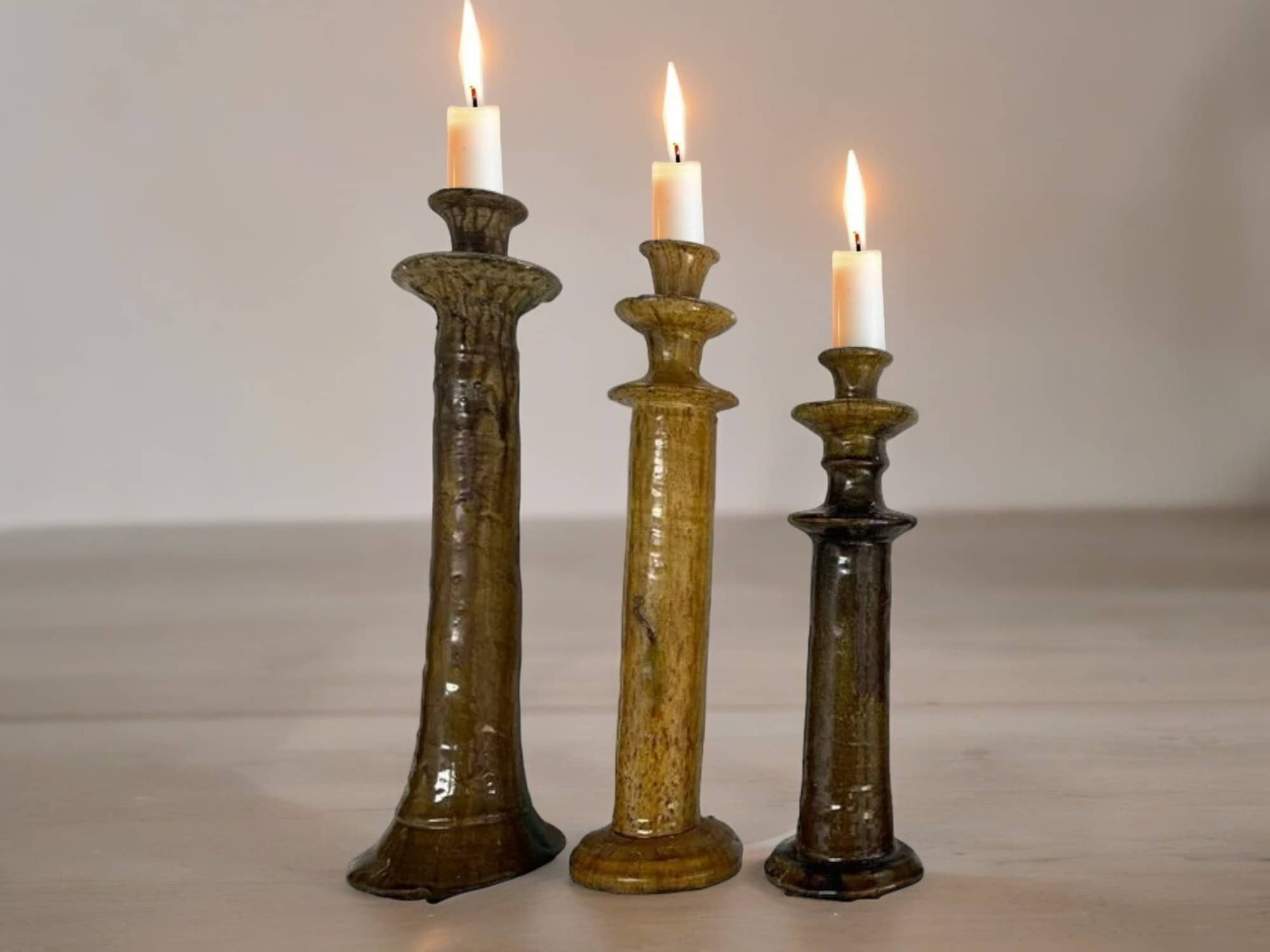 Handmade Moroccan Vintage Tamegroute Ochre Candlestick Holders: Set of 3 Ceramic Glazed Pottery-2