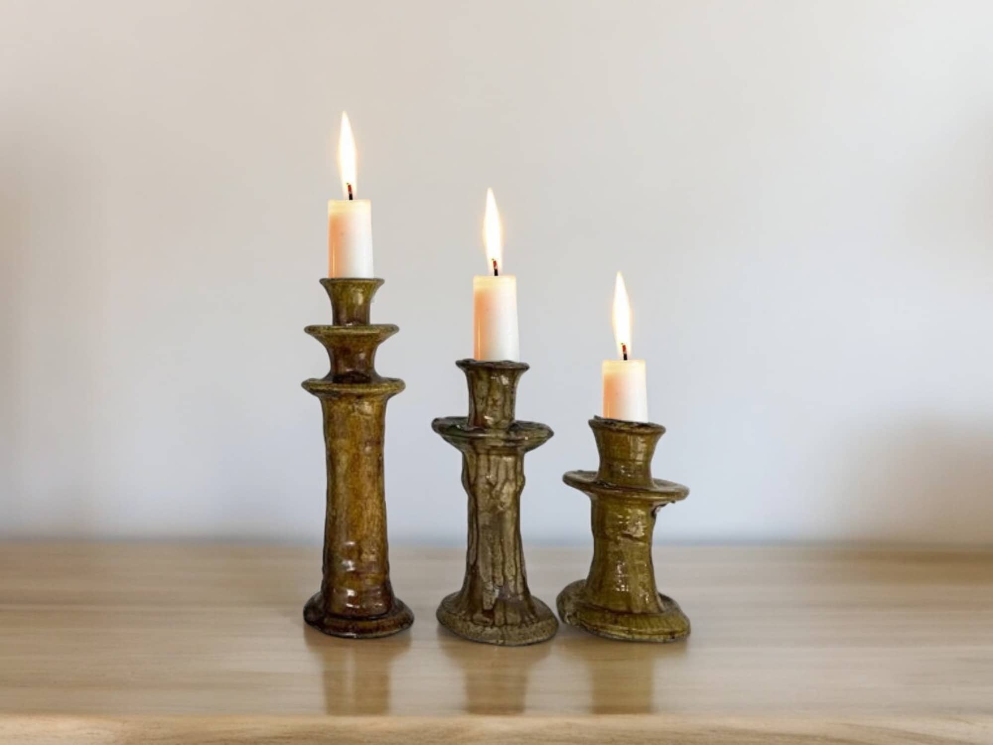 Handmade Moroccan Vintage Tamegroute Ochre Candlestick Holders: Set of 3 Ceramic Glazed Pottery-3