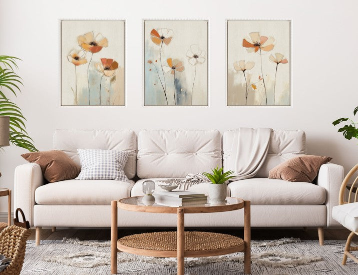 Sylvie Neutral Blue Elegant Country Wildflowers Framed Canvas Art Set by The Creative Bunch Studio