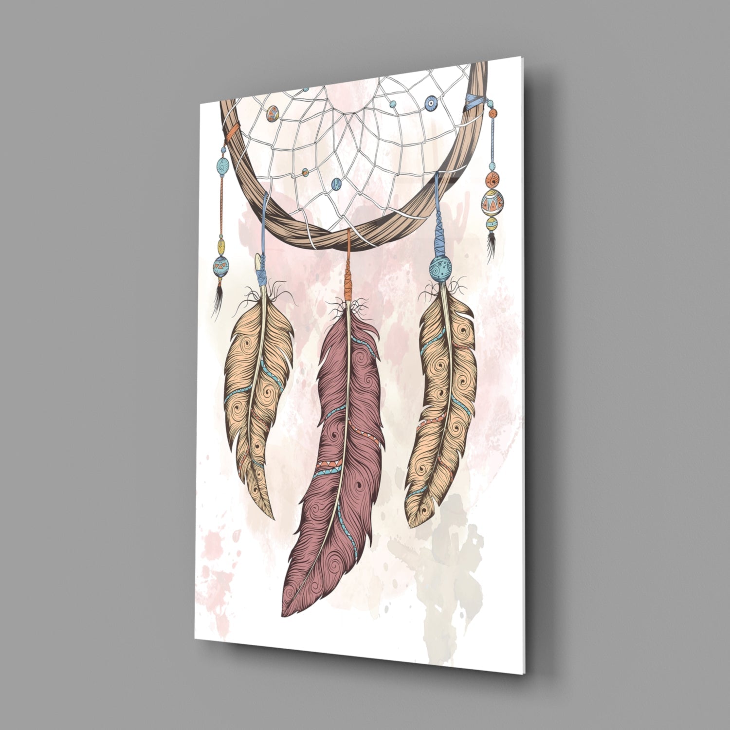 Three Feather Boho Dreamcatcher Glass Wall Art