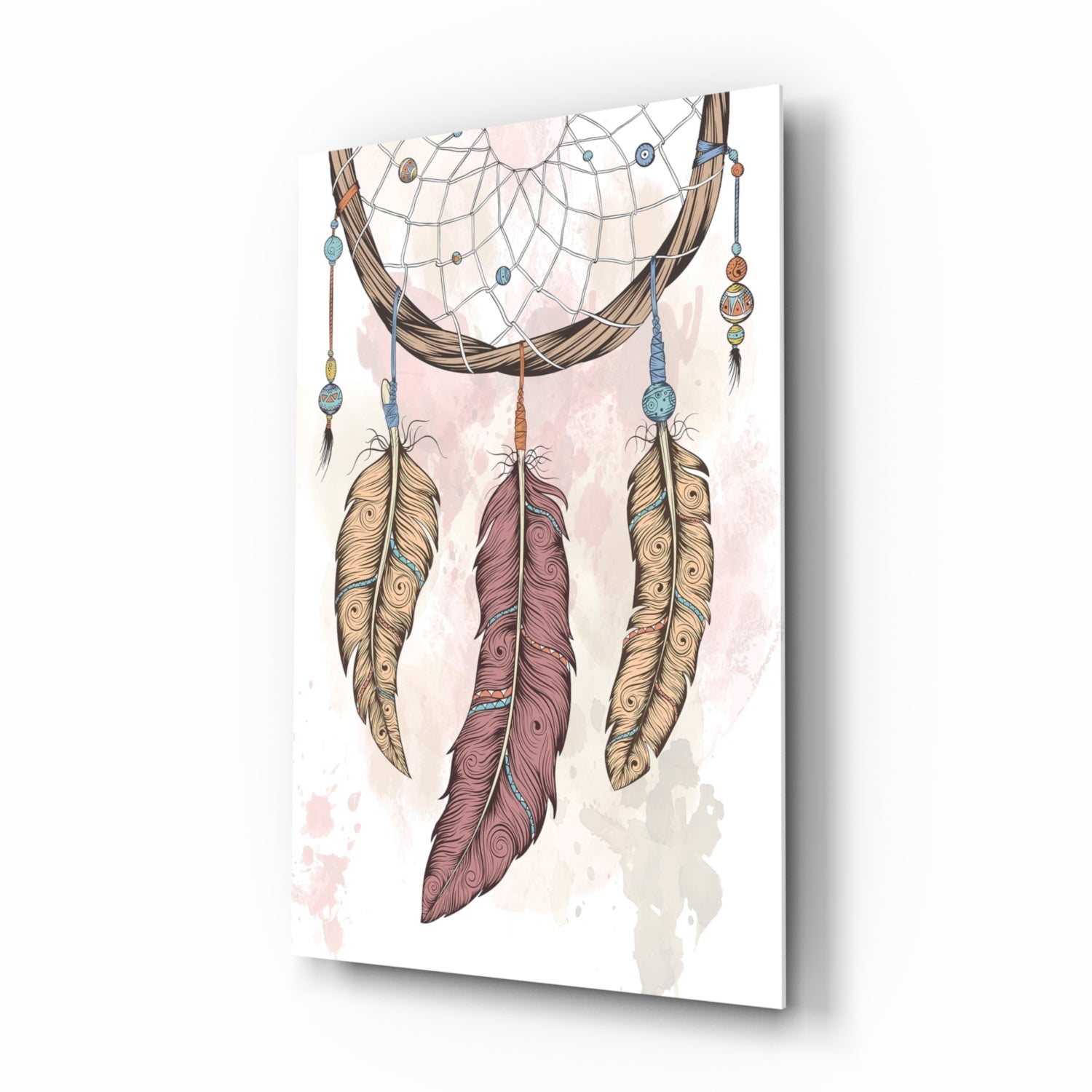 Three Feather Boho Dreamcatcher Glass Wall Art
