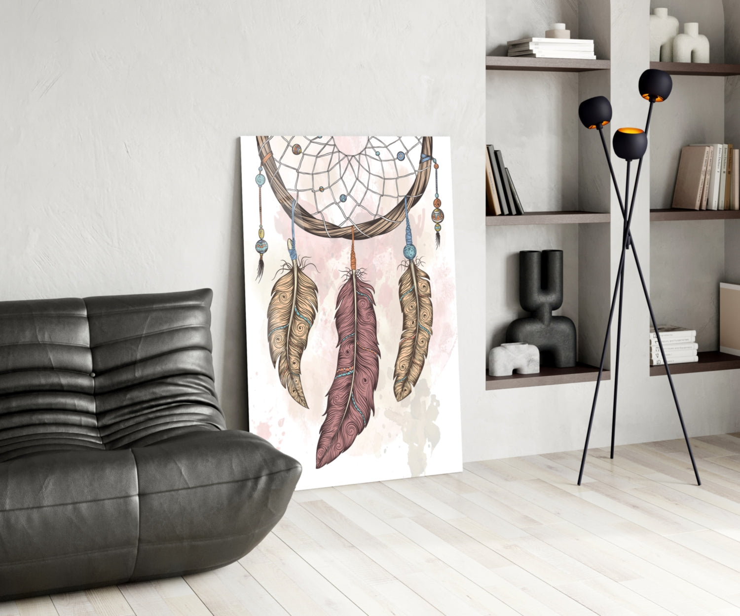 Three Feather Boho Dreamcatcher Glass Wall Art