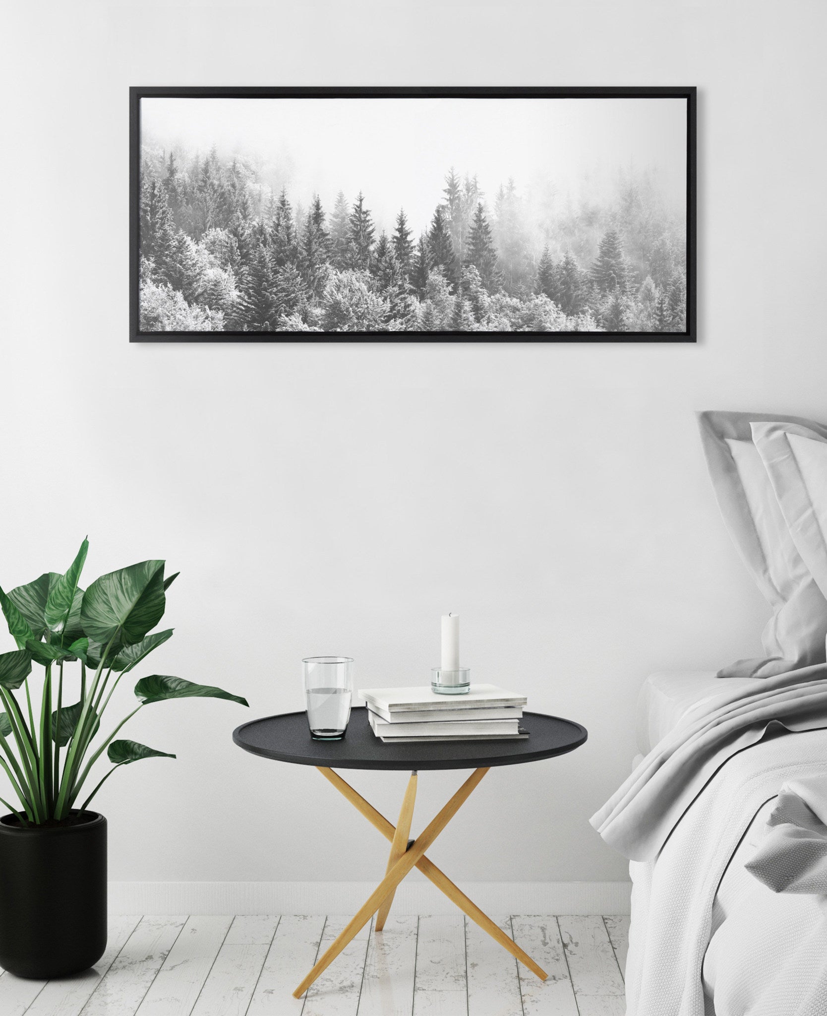 Sylvie Forest On A Foggy Day BW Framed Canvas by The Creative Bunch Studio