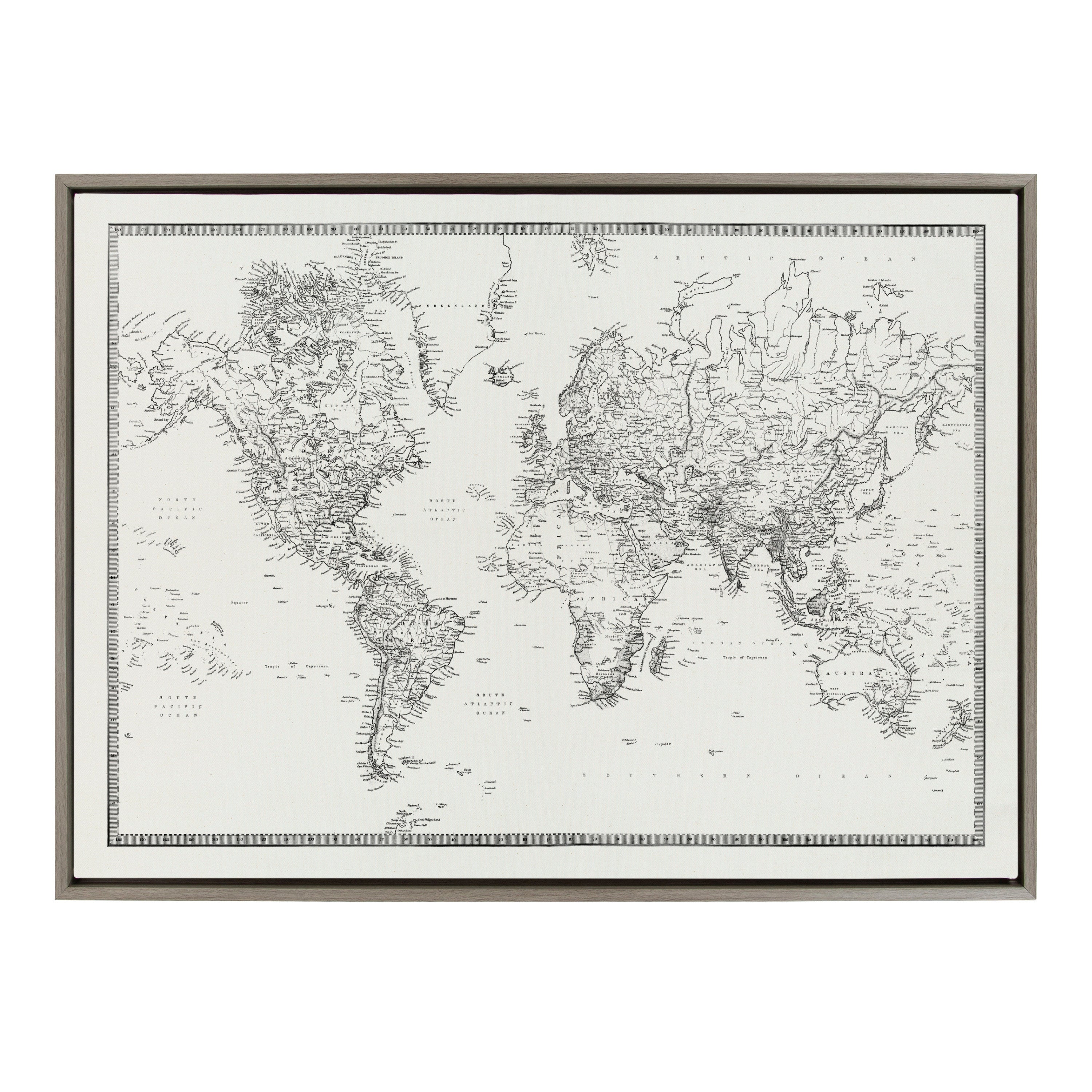 Sylvie Vintage Black and White World Map Framed Canvas by The Creative Bunch Studio