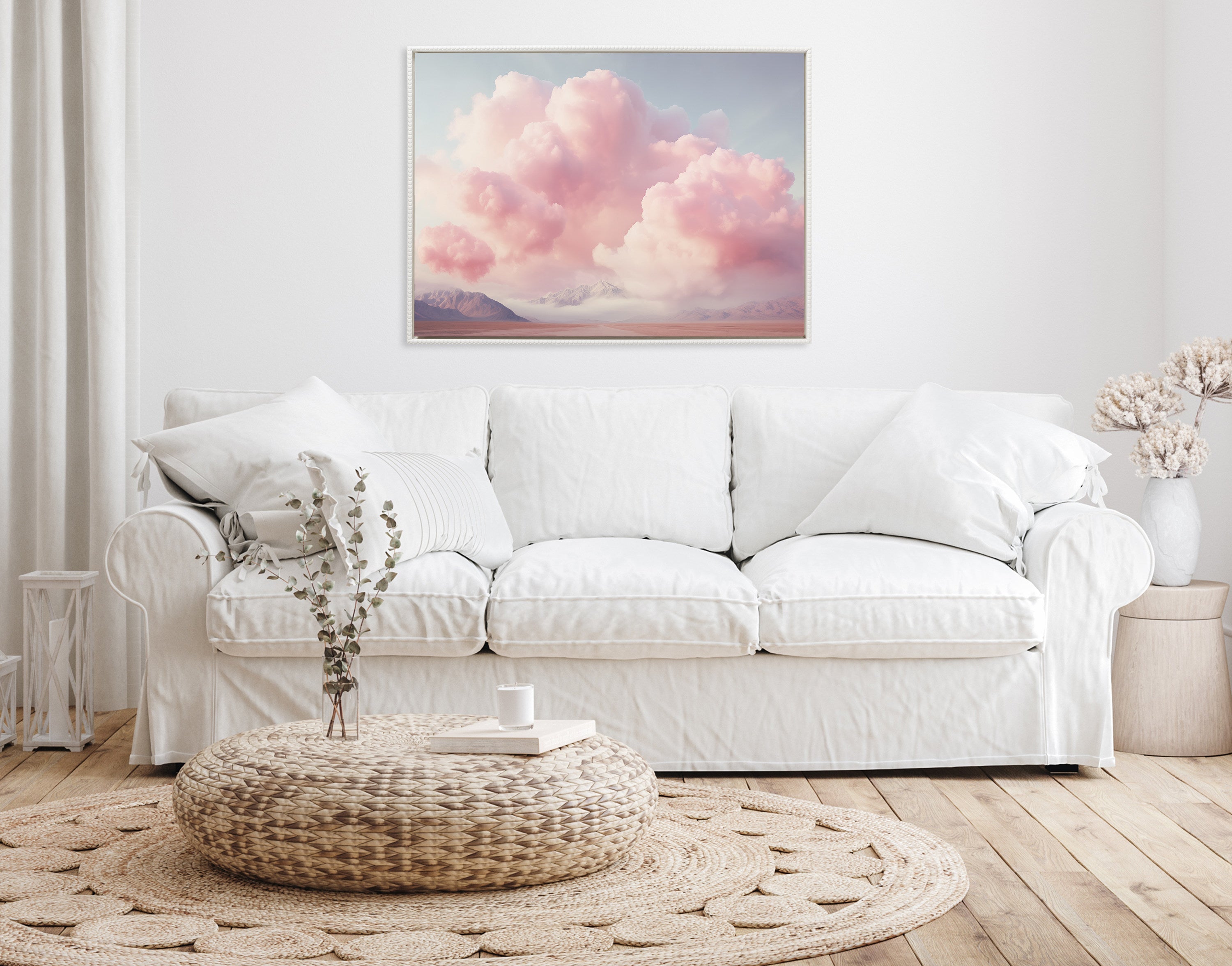 Sylvie Beaded Vintage Pink Cotton Candy Clouds Mountain Landscape Framed Canvas by The Creative Bunch Studio