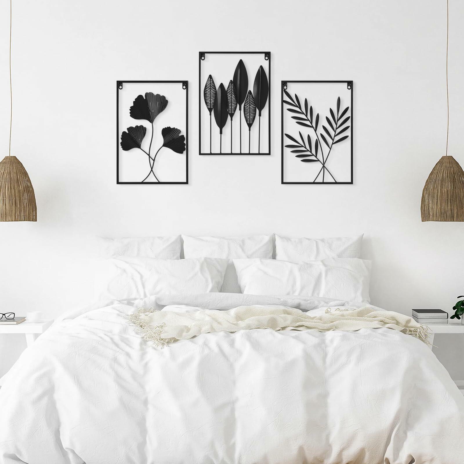 [Like New] KHJCXS Black Metal Leaf Wall Art Decor Modern Minimalist 3pcs