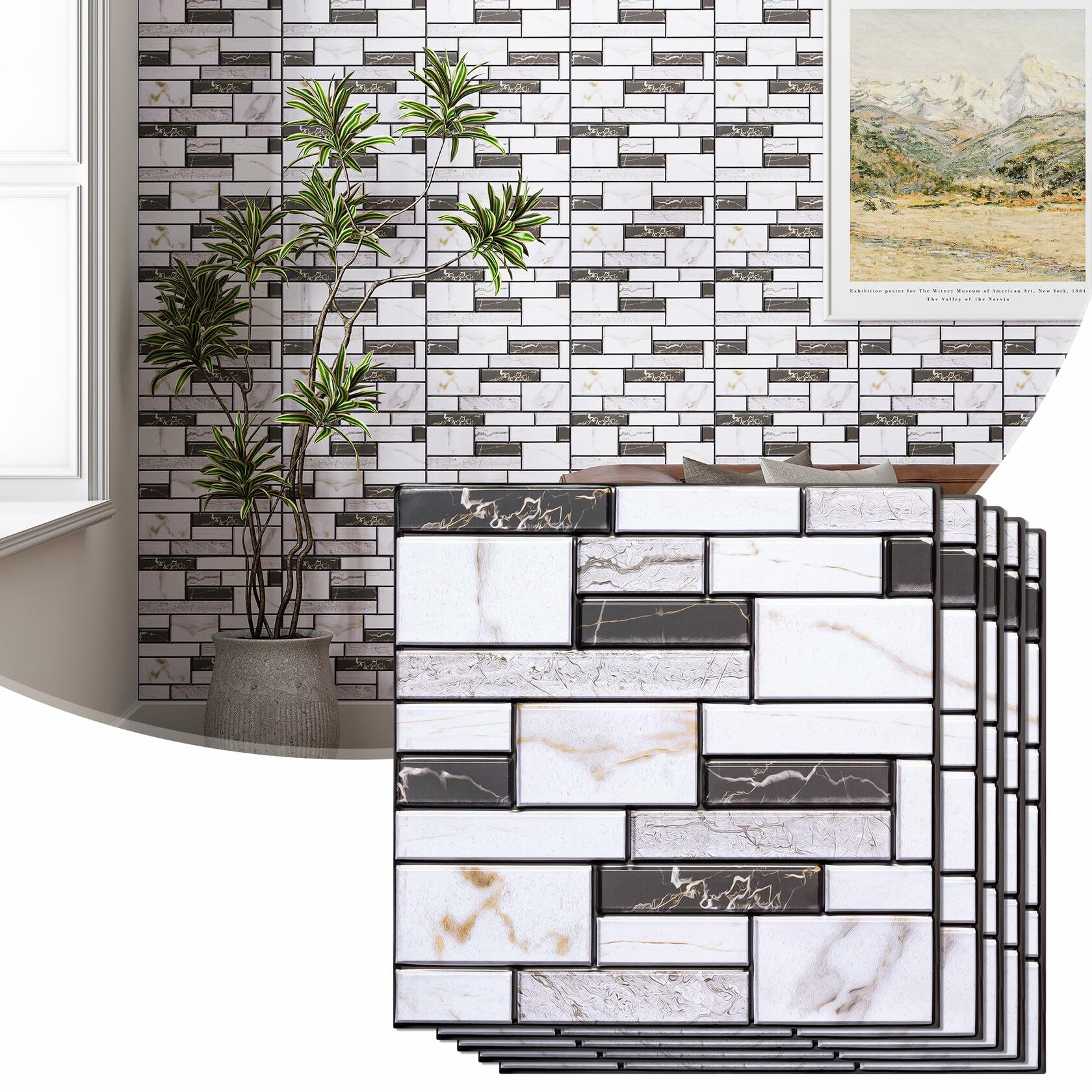 VallisCo 3D Faux Brick Wall Panel 12x12 Black White Marble 20 Pcs PVC