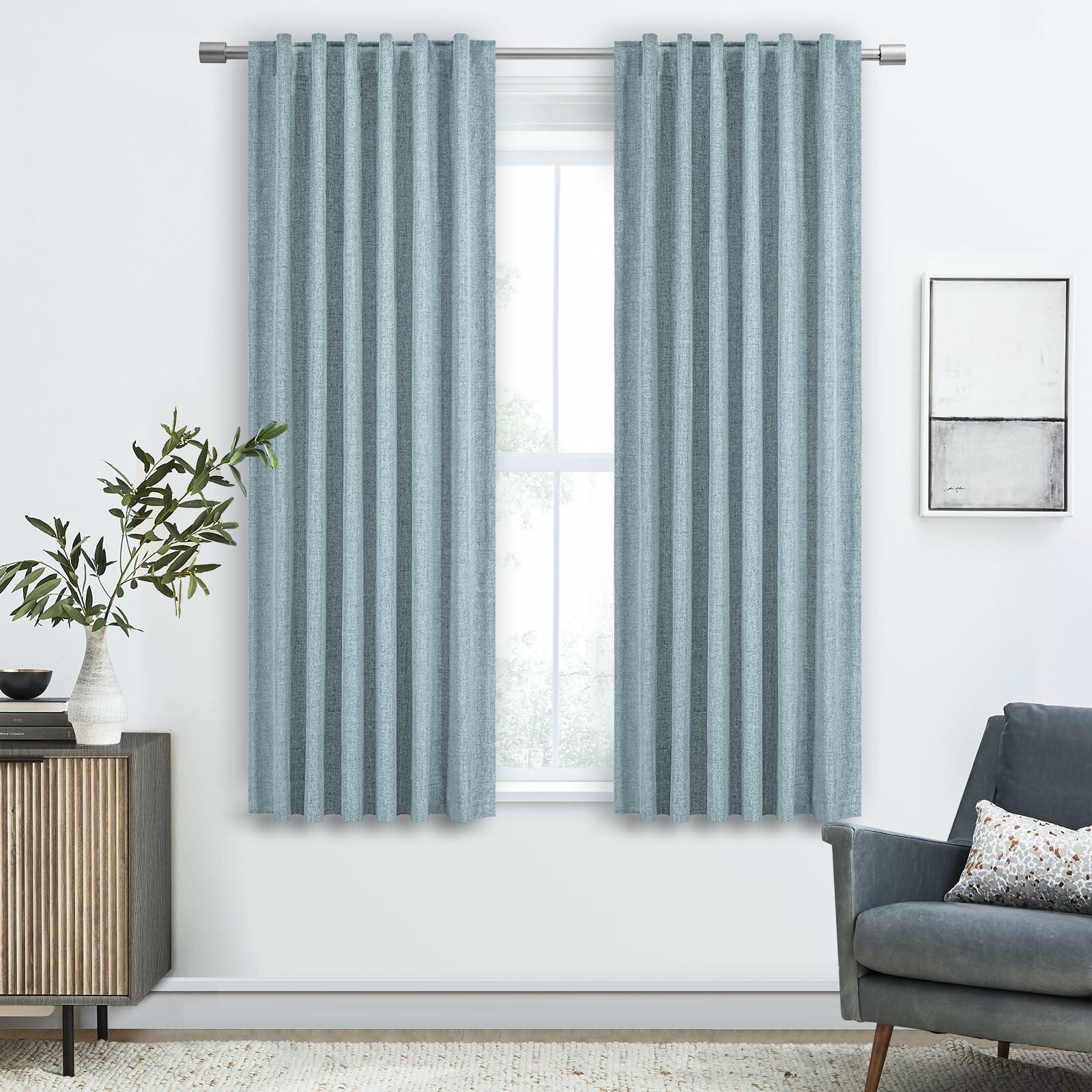 PANGSINNE 63in Blackout Linen Curtains 2 Panels Dusty Blue 52x63in