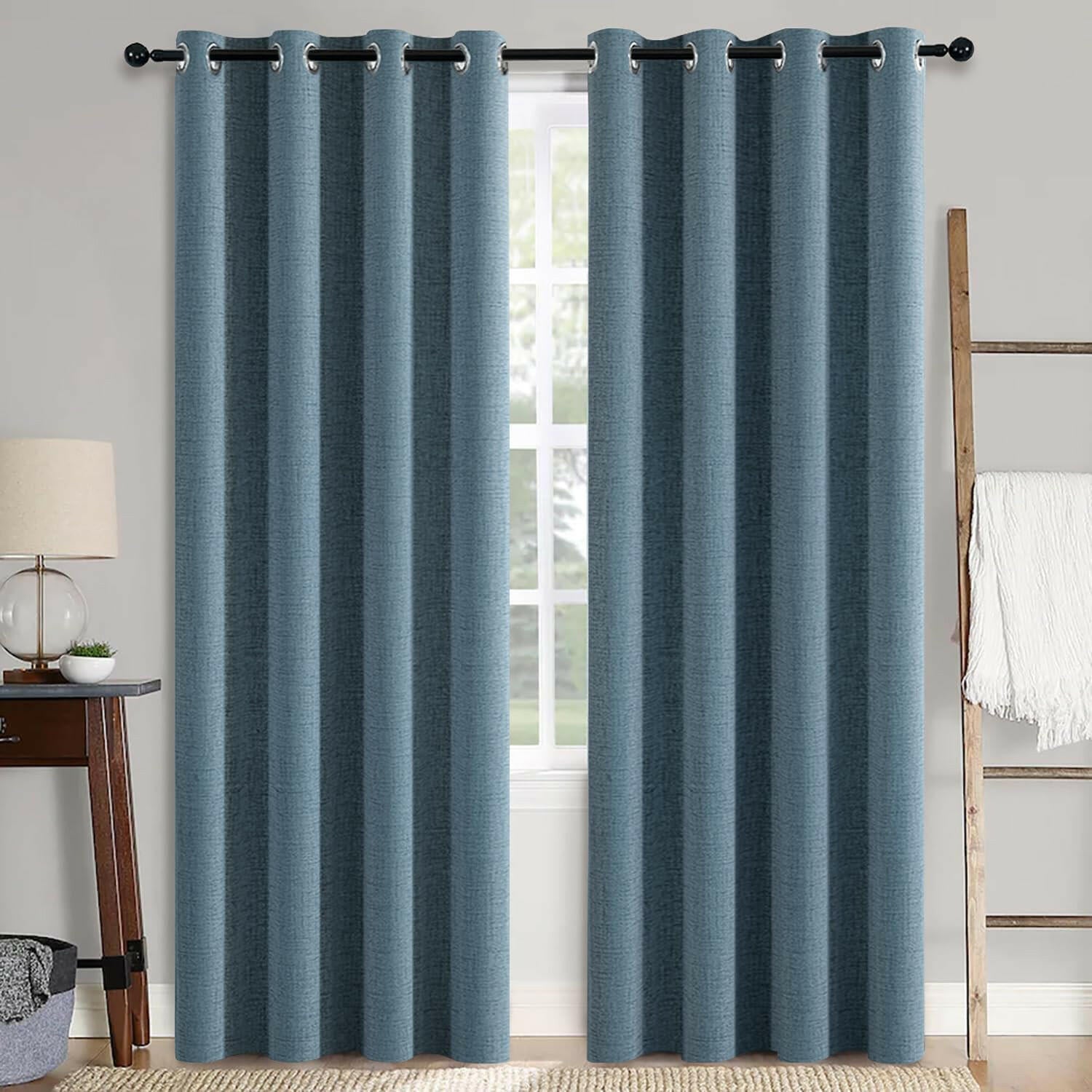 PANGSINNE 63in Blackout Linen Curtains 2 Panels Dusty Blue 52x63in