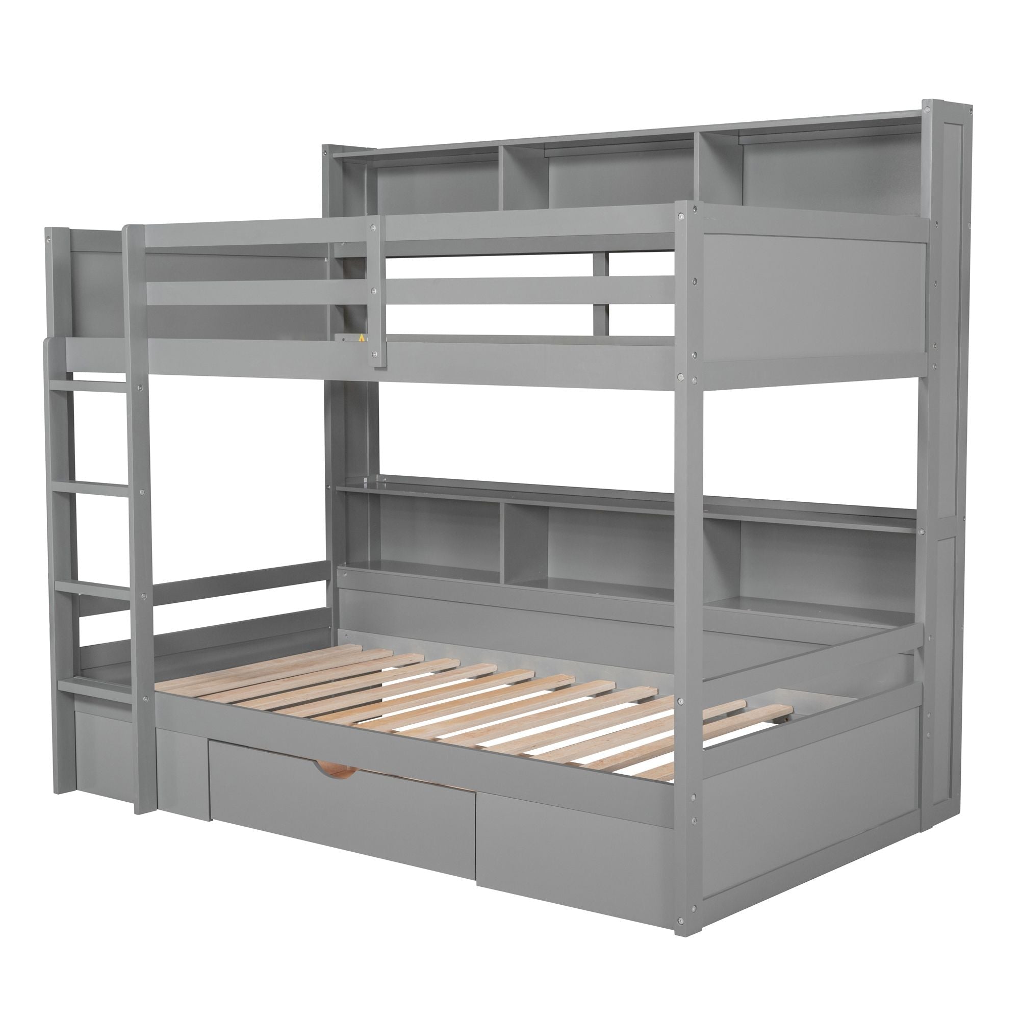 Organized Twin Over Twin Wood Bunk Bed with Built-In Shelves and Storage Drawer, White or Gray | Just Better Bunk Beds