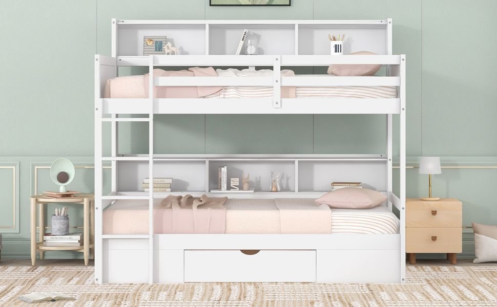Organized Twin Over Twin Wood Bunk Bed with Built-In Shelves and Storage Drawer, White or Gray | Just Better Bunk Beds
