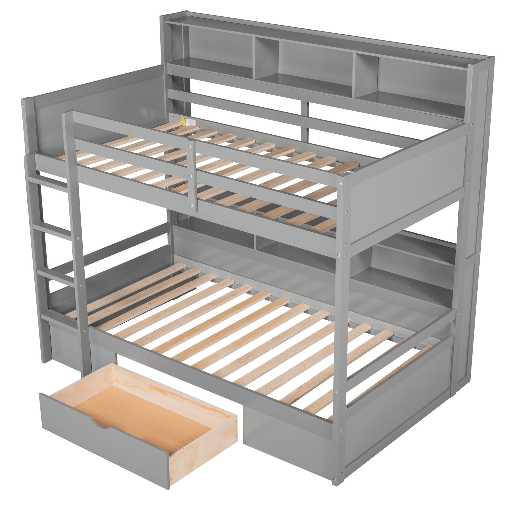 Organized Twin Over Twin Wood Bunk Bed with Built-In Shelves and Storage Drawer, White or Gray | Just Better Bunk Beds