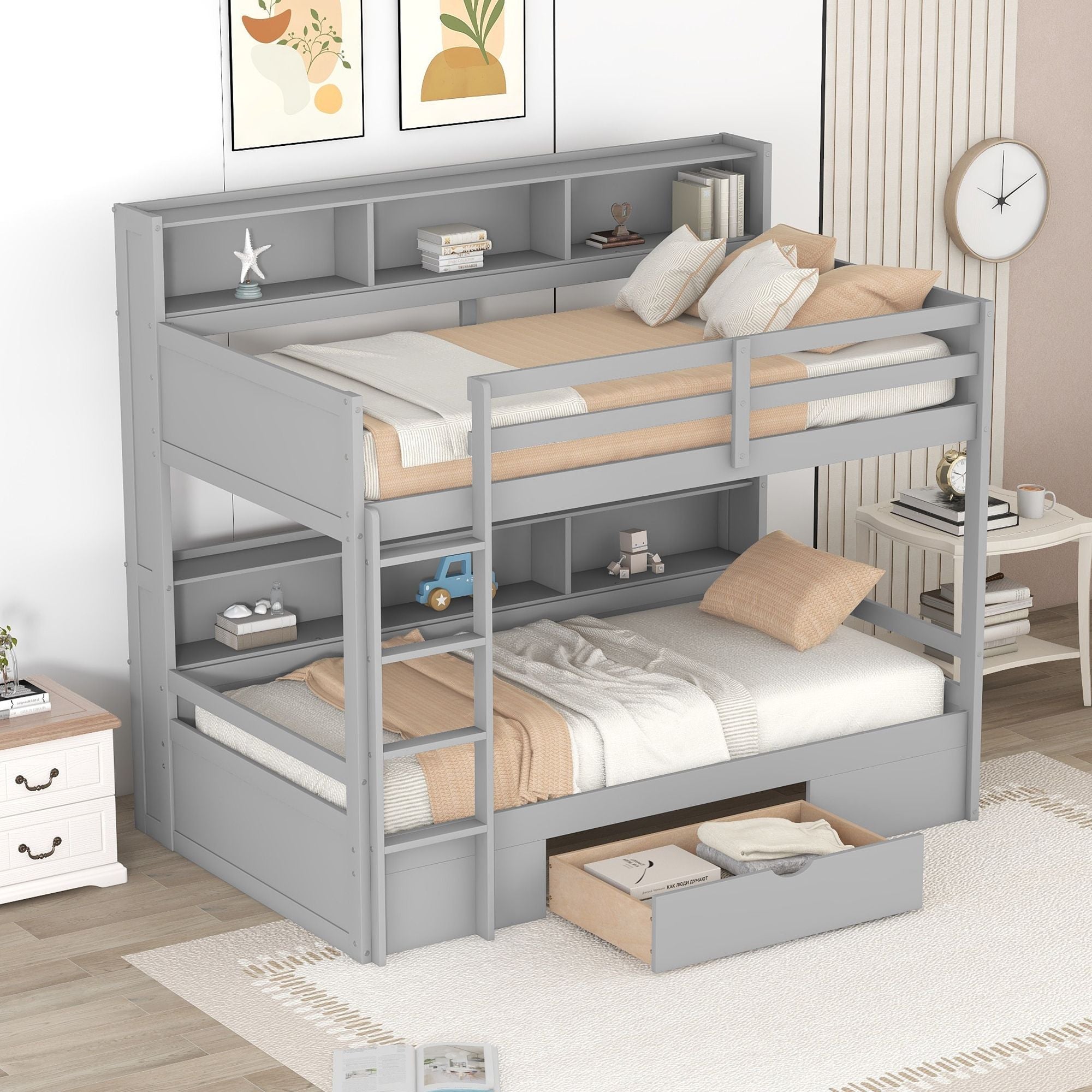 Organized Twin Over Twin Wood Bunk Bed with Built-In Shelves and Storage Drawer, White or Gray | Just Better Bunk Beds