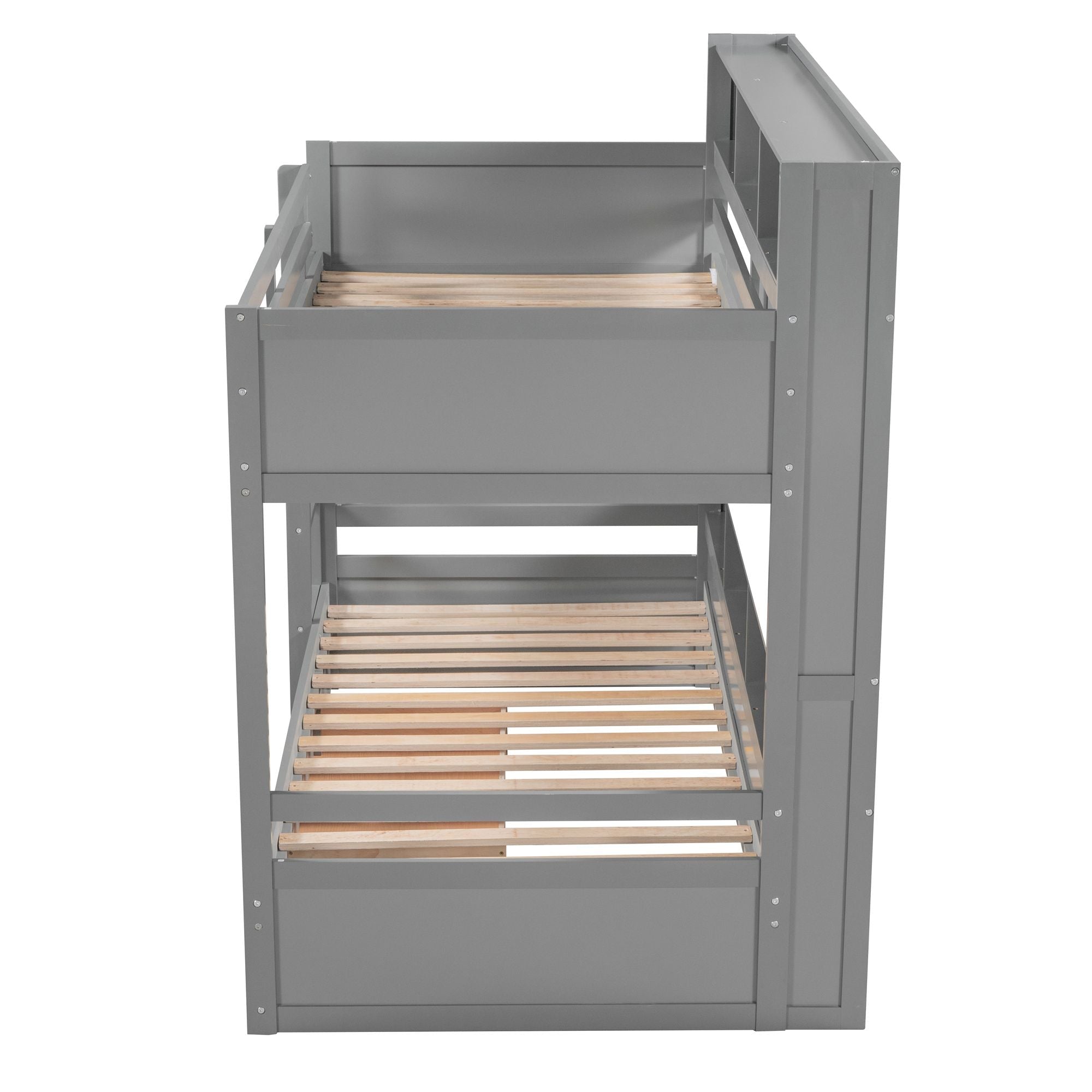 Organized Twin Over Twin Wood Bunk Bed with Built-In Shelves and Storage Drawer, White or Gray | Just Better Bunk Beds