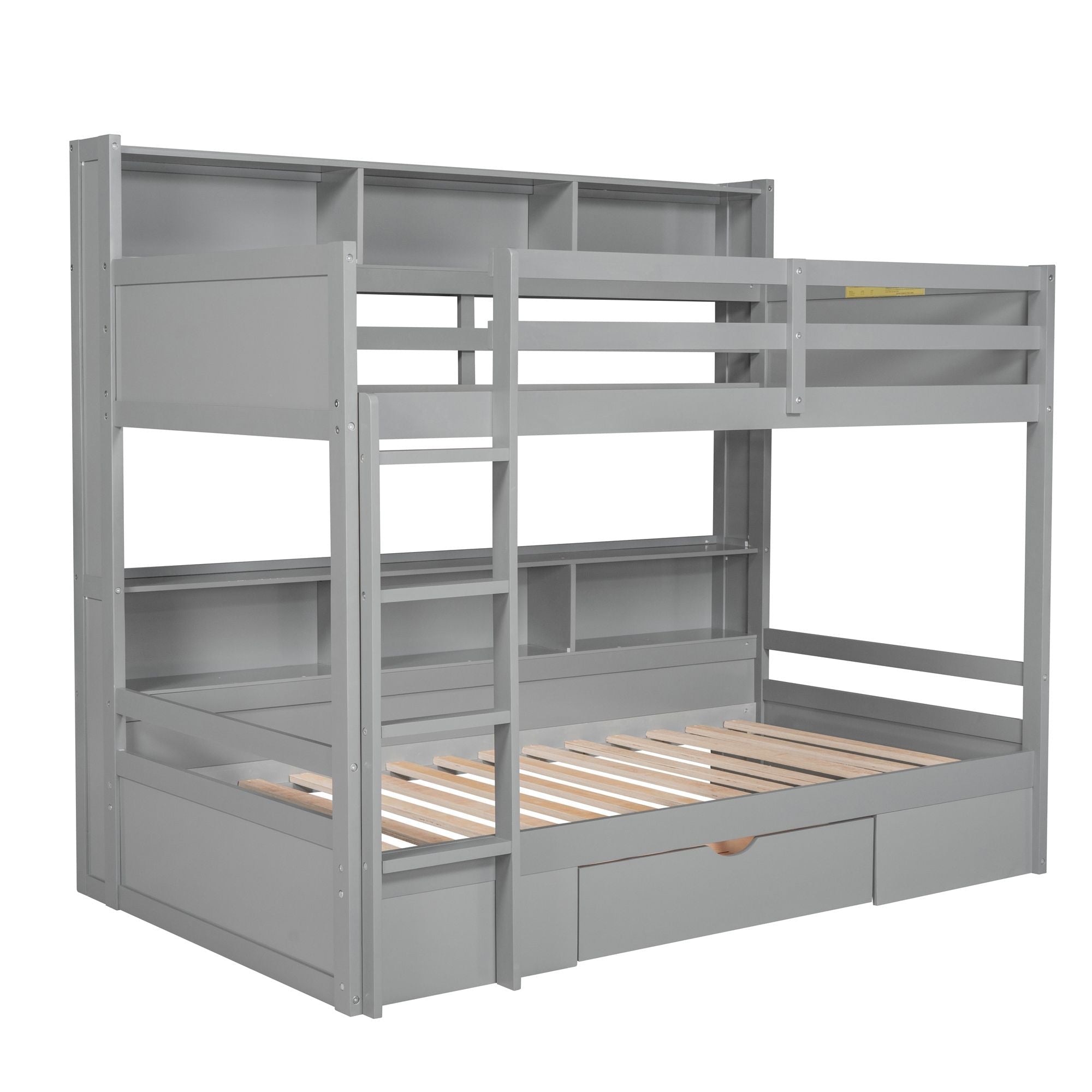Organized Twin Over Twin Wood Bunk Bed with Built-In Shelves and Storage Drawer, White or Gray | Just Better Bunk Beds