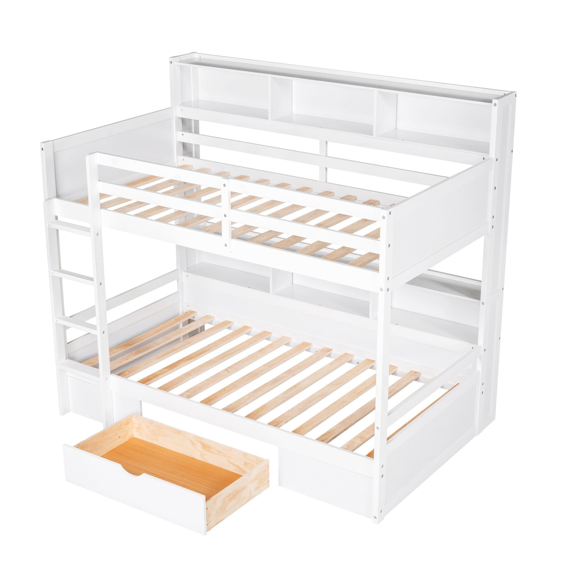 Organized Twin Over Twin Wood Bunk Bed with Built-In Shelves and Storage Drawer, White or Gray | Just Better Bunk Beds