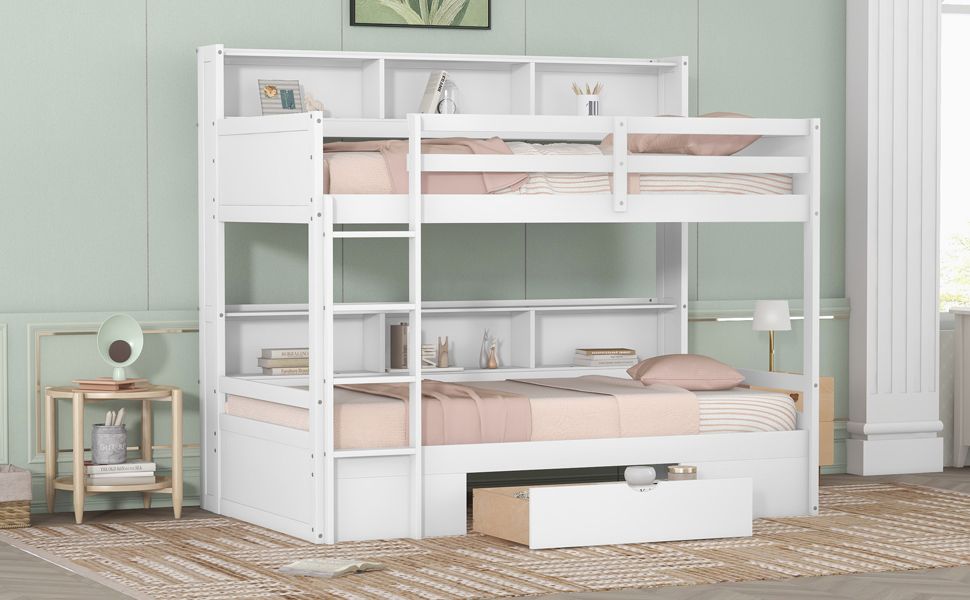 Organized Twin Over Twin Wood Bunk Bed with Built-In Shelves and Storage Drawer, White or Gray | Just Better Bunk Beds