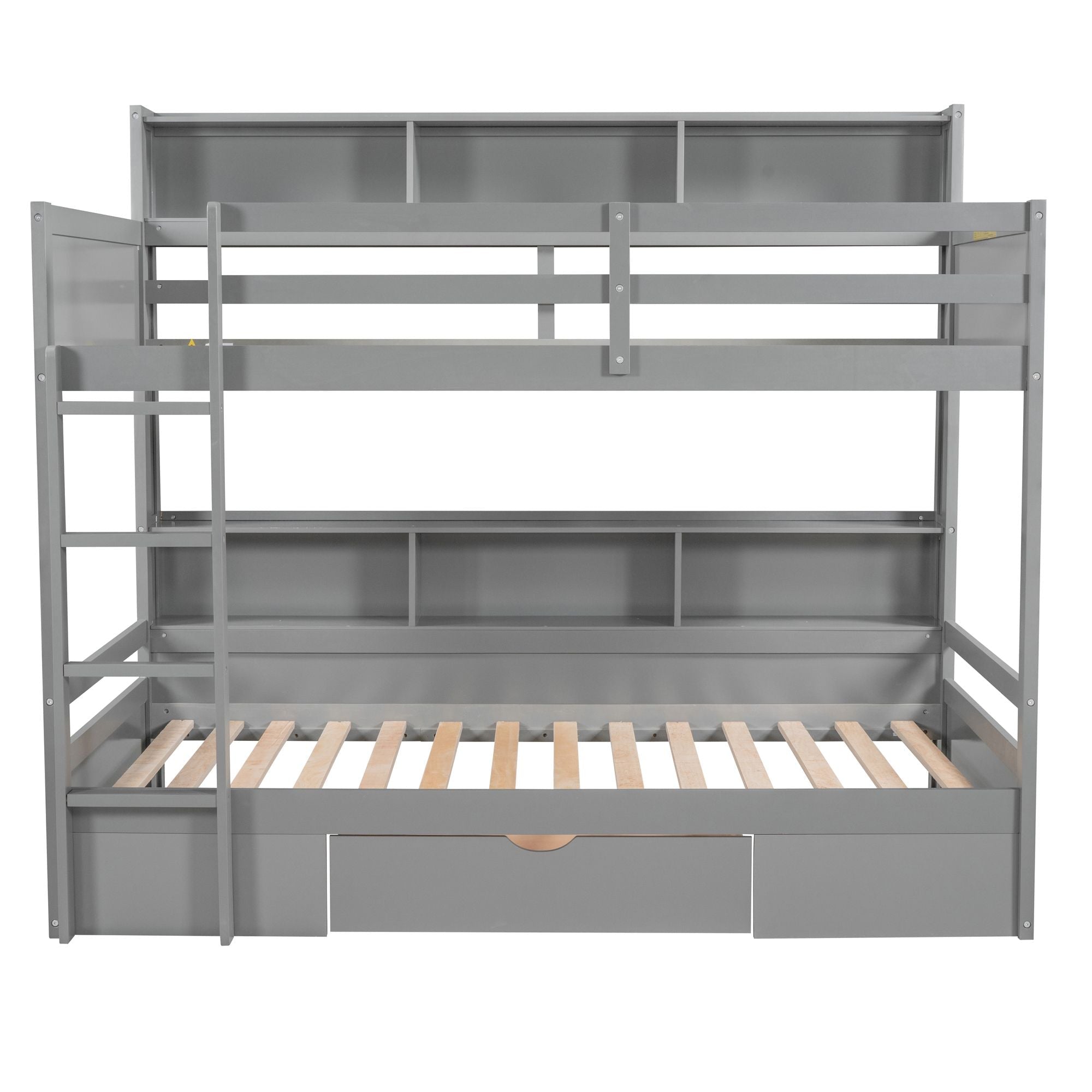 Organized Twin Over Twin Wood Bunk Bed with Built-In Shelves and Storage Drawer, White or Gray | Just Better Bunk Beds