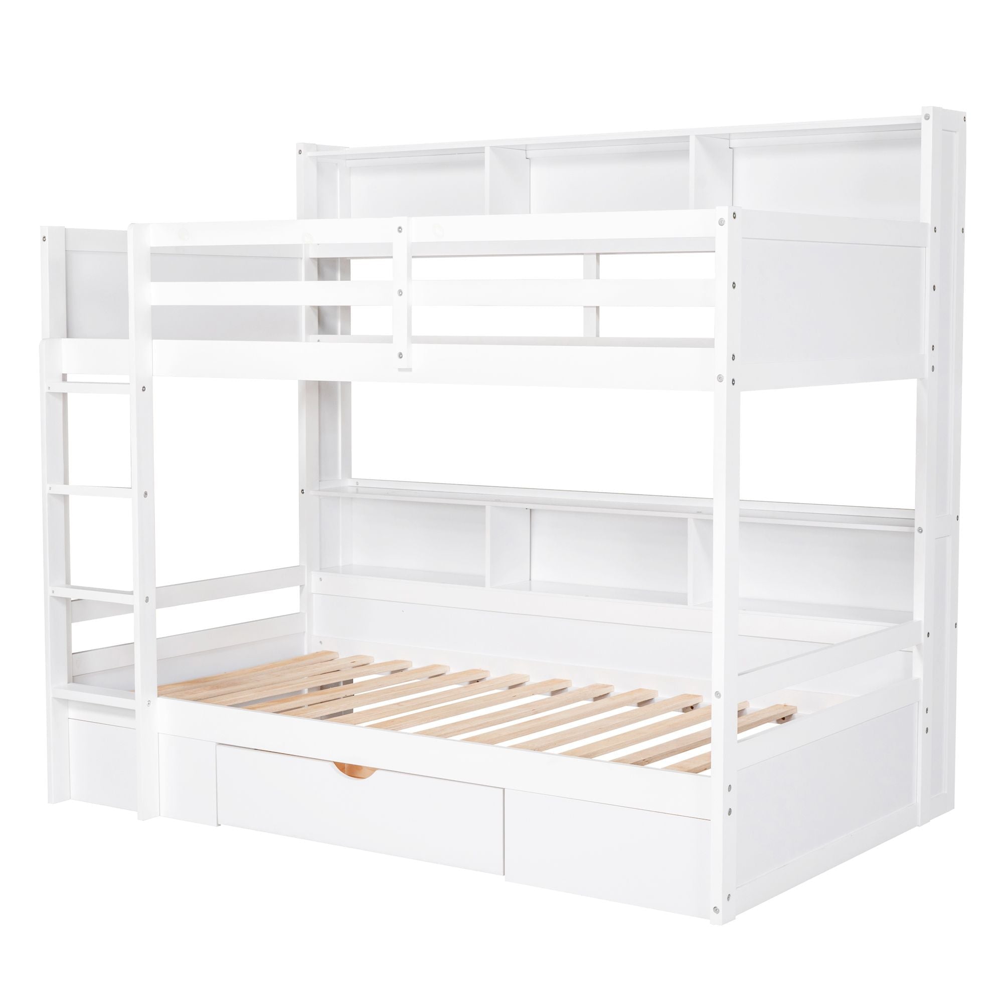 Organized Twin Over Twin Wood Bunk Bed with Built-In Shelves and Storage Drawer, White or Gray | Just Better Bunk Beds