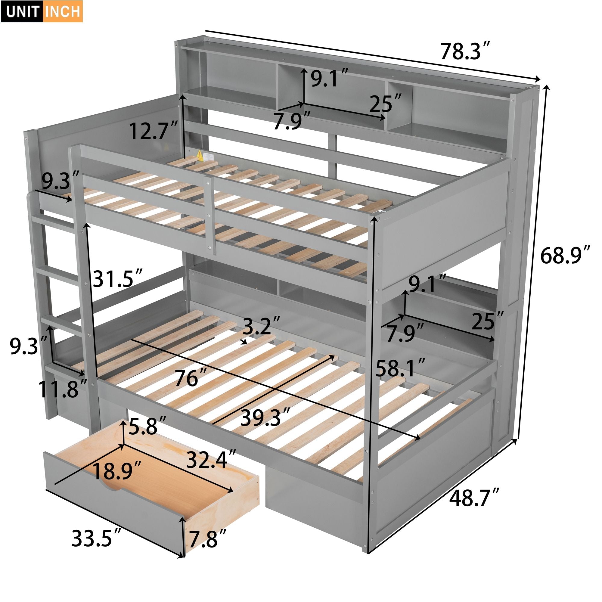 Organized Twin Over Twin Wood Bunk Bed with Built-In Shelves and Storage Drawer, White or Gray | Just Better Bunk Beds