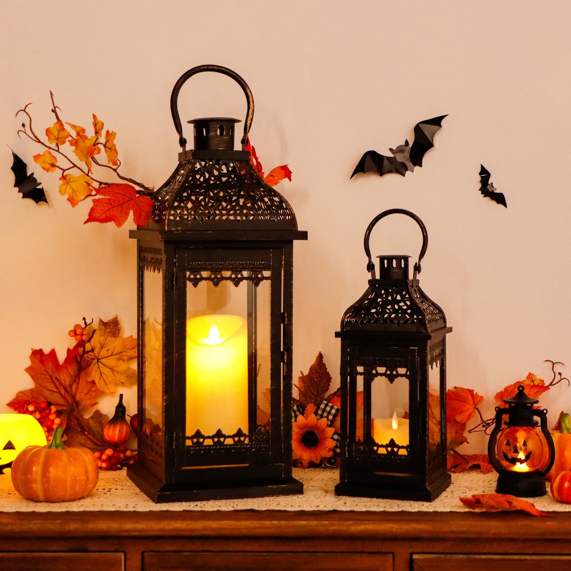 Set of 2 13''&19.5''H Candle Lanterns (Black Gold Brush)-4