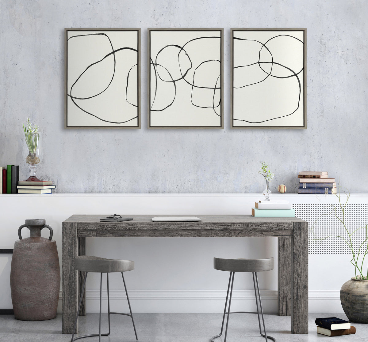 Sylvie Dancing Circles BW Framed Canvas by Teju Reval of SnazzyHues