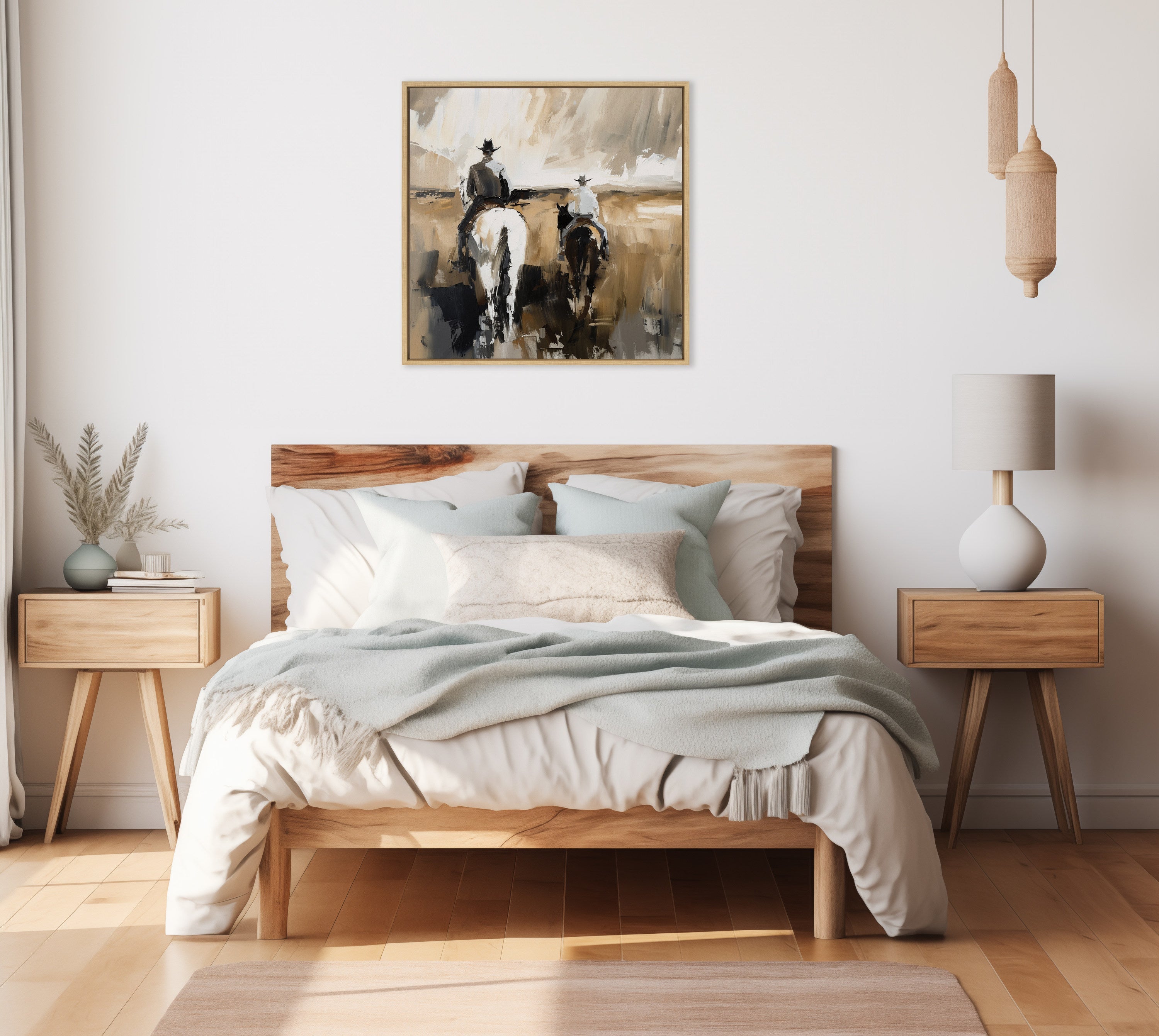 Sylvie Western Cowboy Horseback Ranch Abstract Neutral 2 Framed Canvas by The Creative Bunch Studio