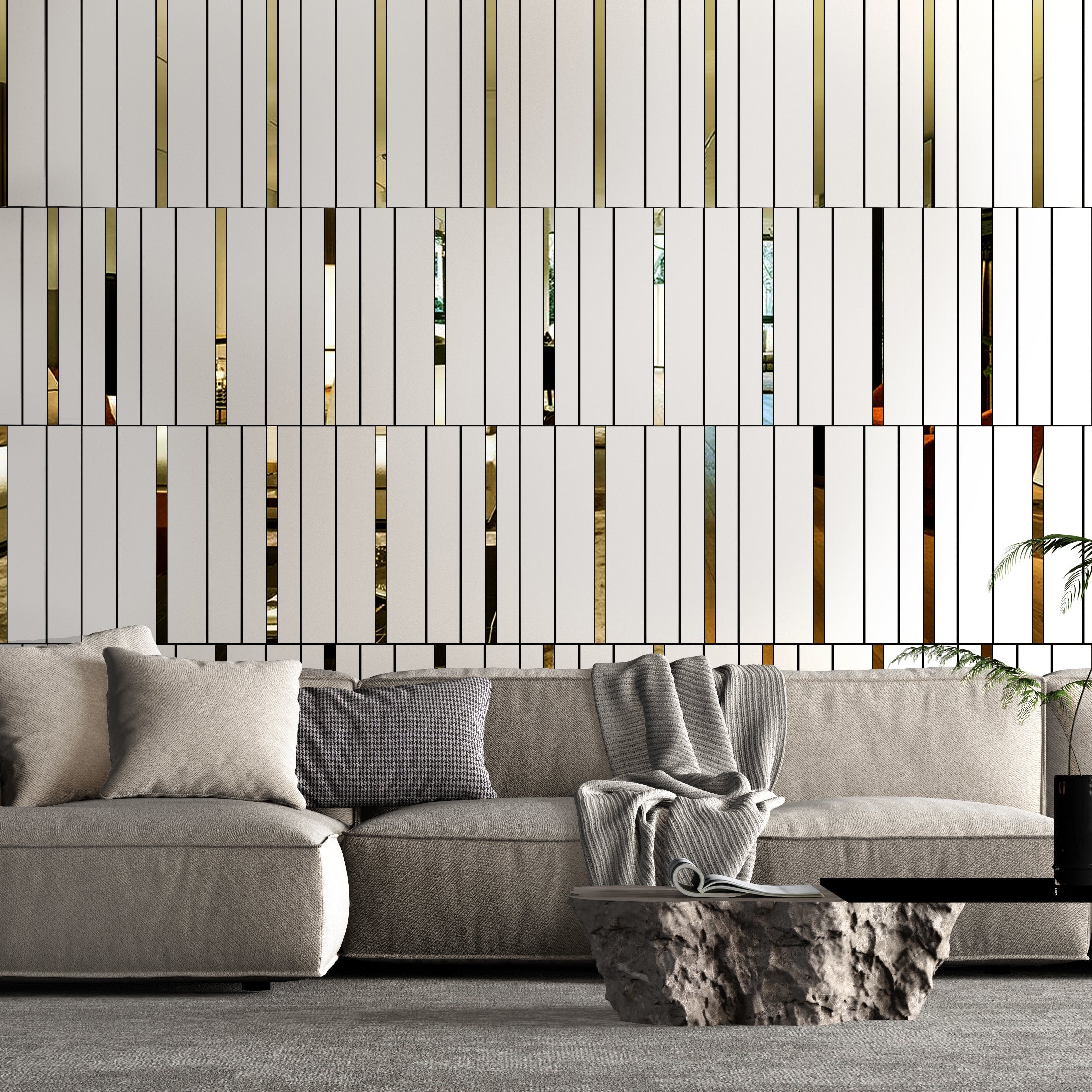 White and Gold Bars Squares 3D Wall Panels-0