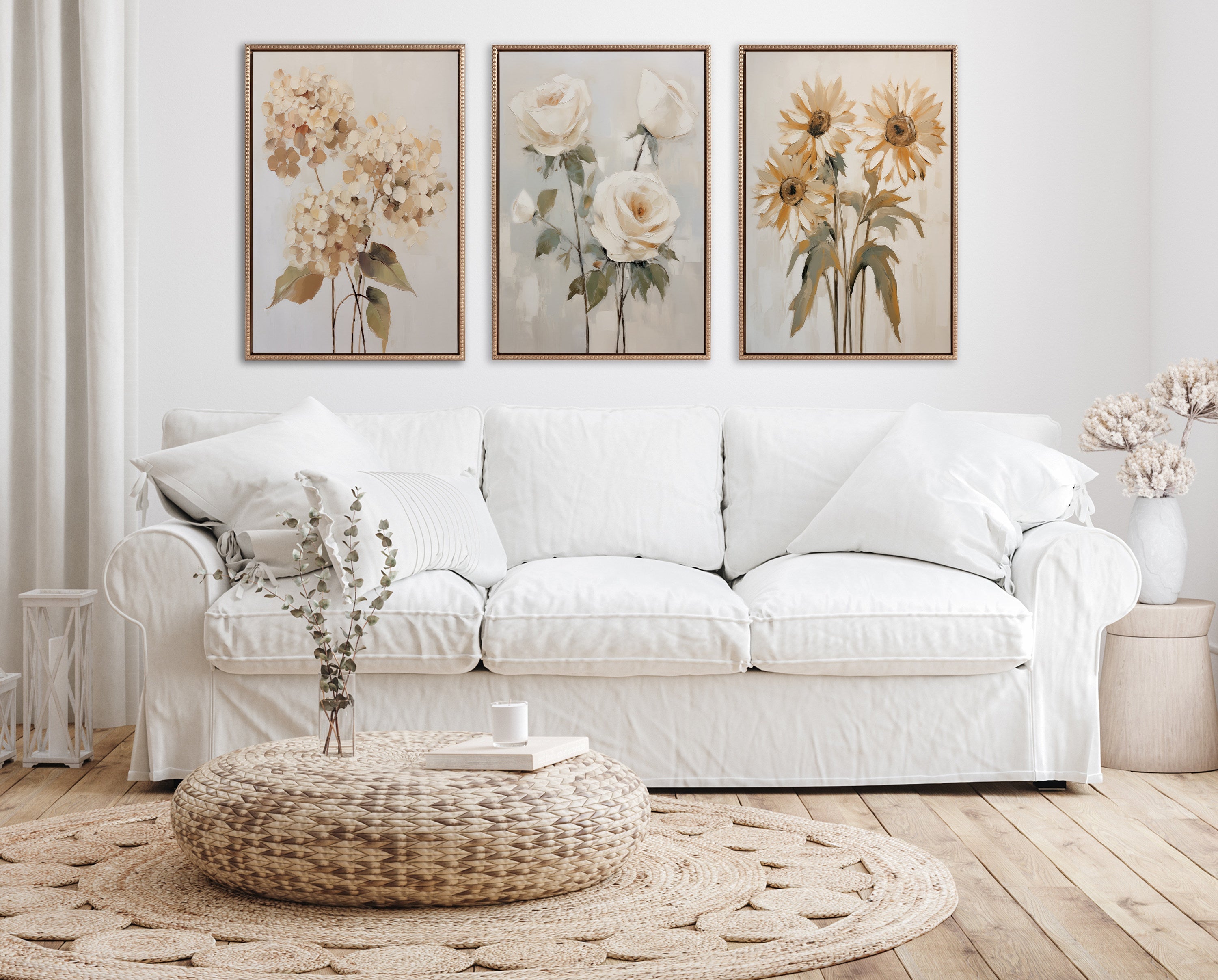 Sylvie Beaded Soft White Roses Framed Canvas by The Creative Bunch Studio